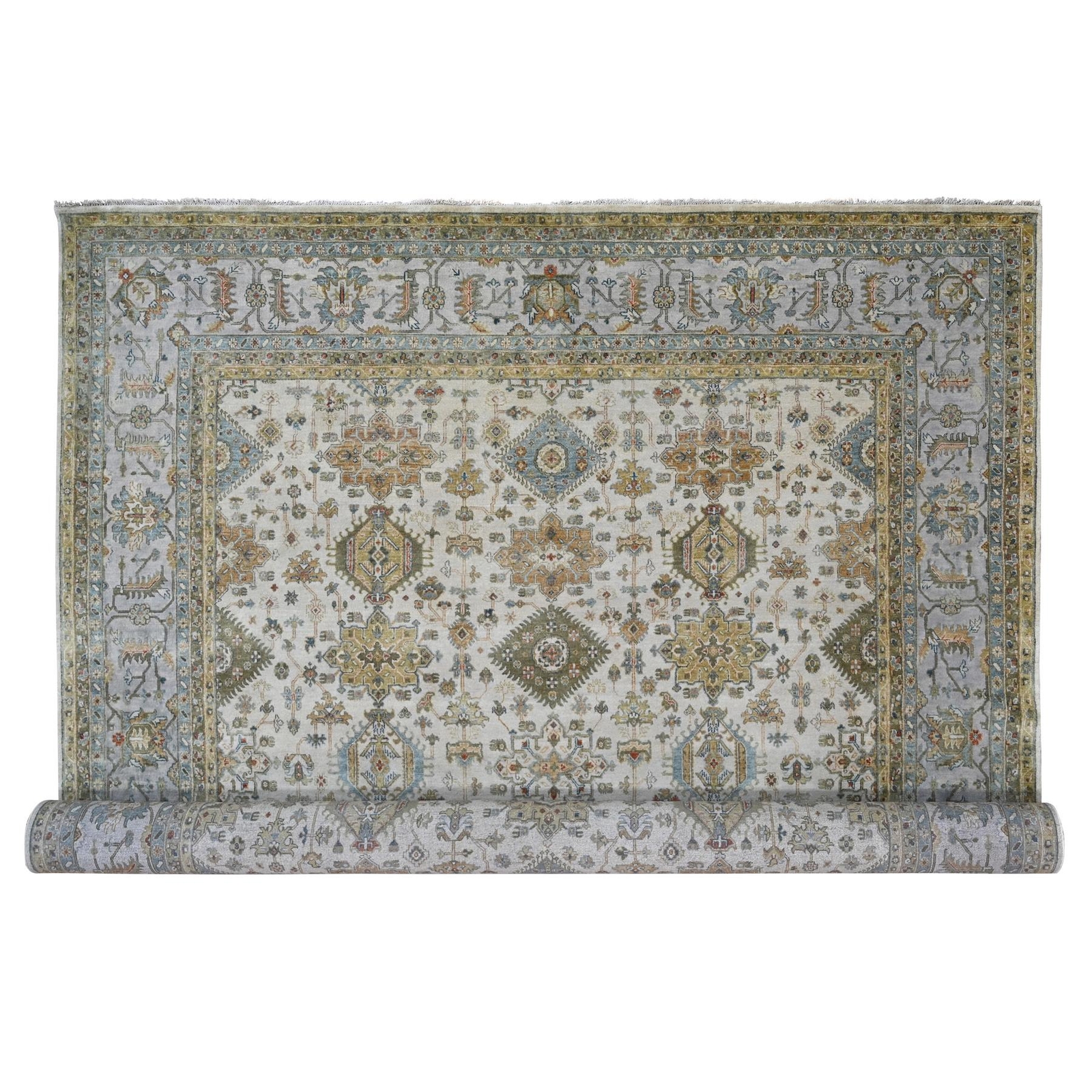 11’10″x17’10” Ivory Pure Wool Hand Knotted Karjihooz Design Oversized Rug R84117