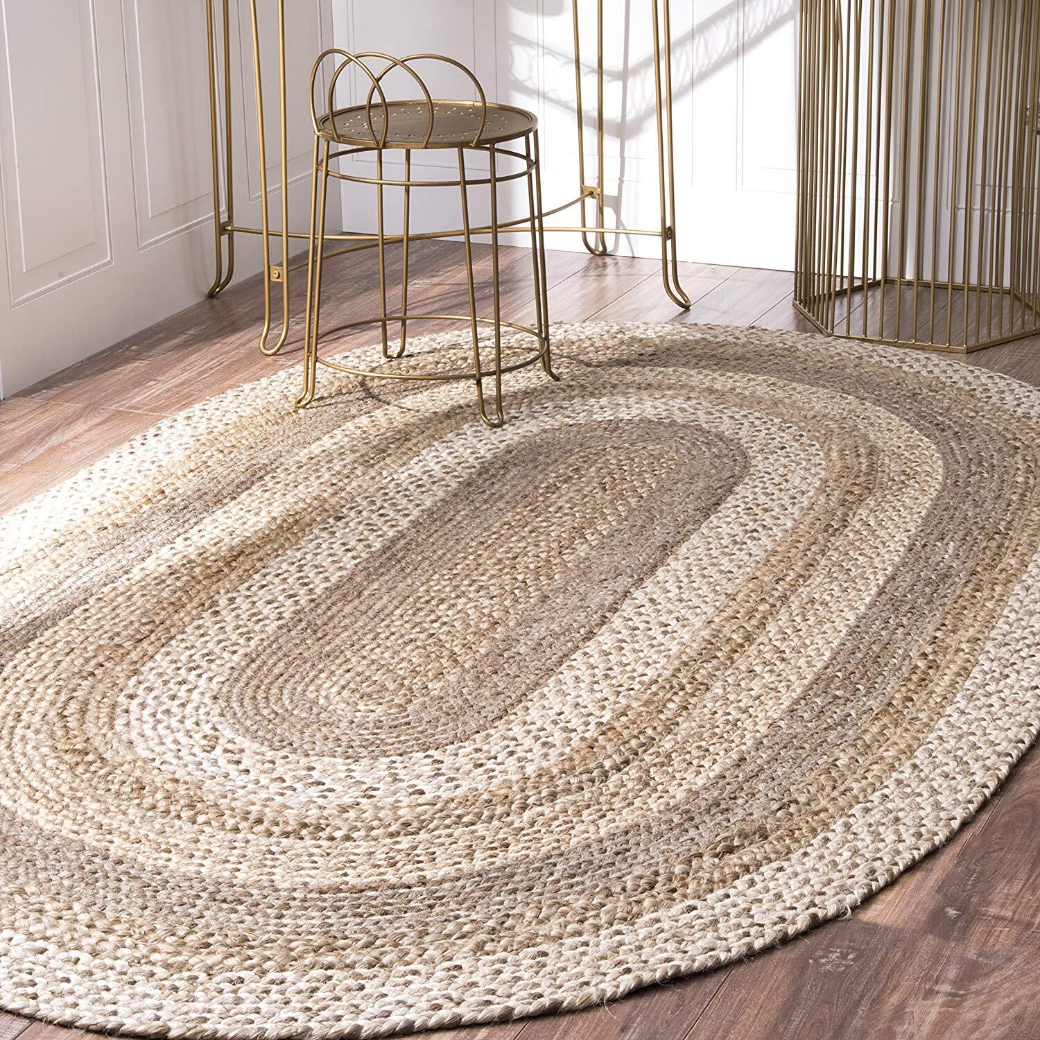 Indian Braided Natural Jute Oval Handmade Reversible Floor Rug Round Rag Rugs