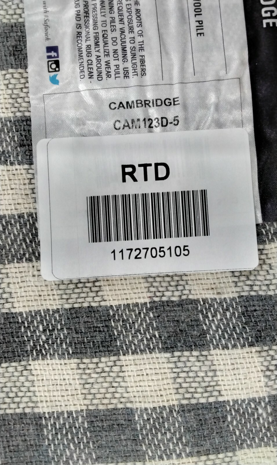 SILVER / IVORY 5′ X 8′ Stained Rug, Reduced Price 1172705105 CAM123D-5