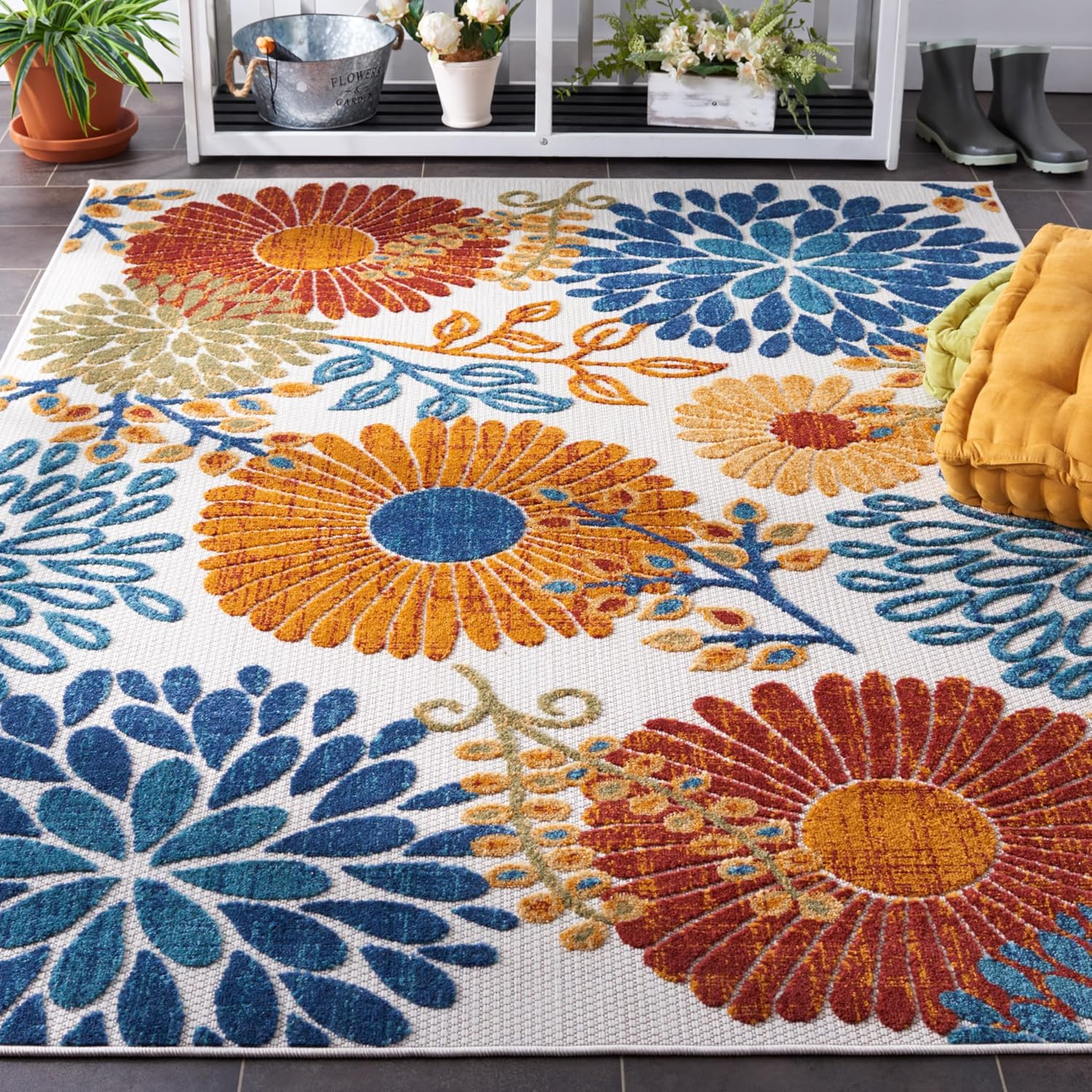 Washable Outdoor Rug – 5’3″ x 7’6″, Cream & Red, Easy Clean for Patio & More