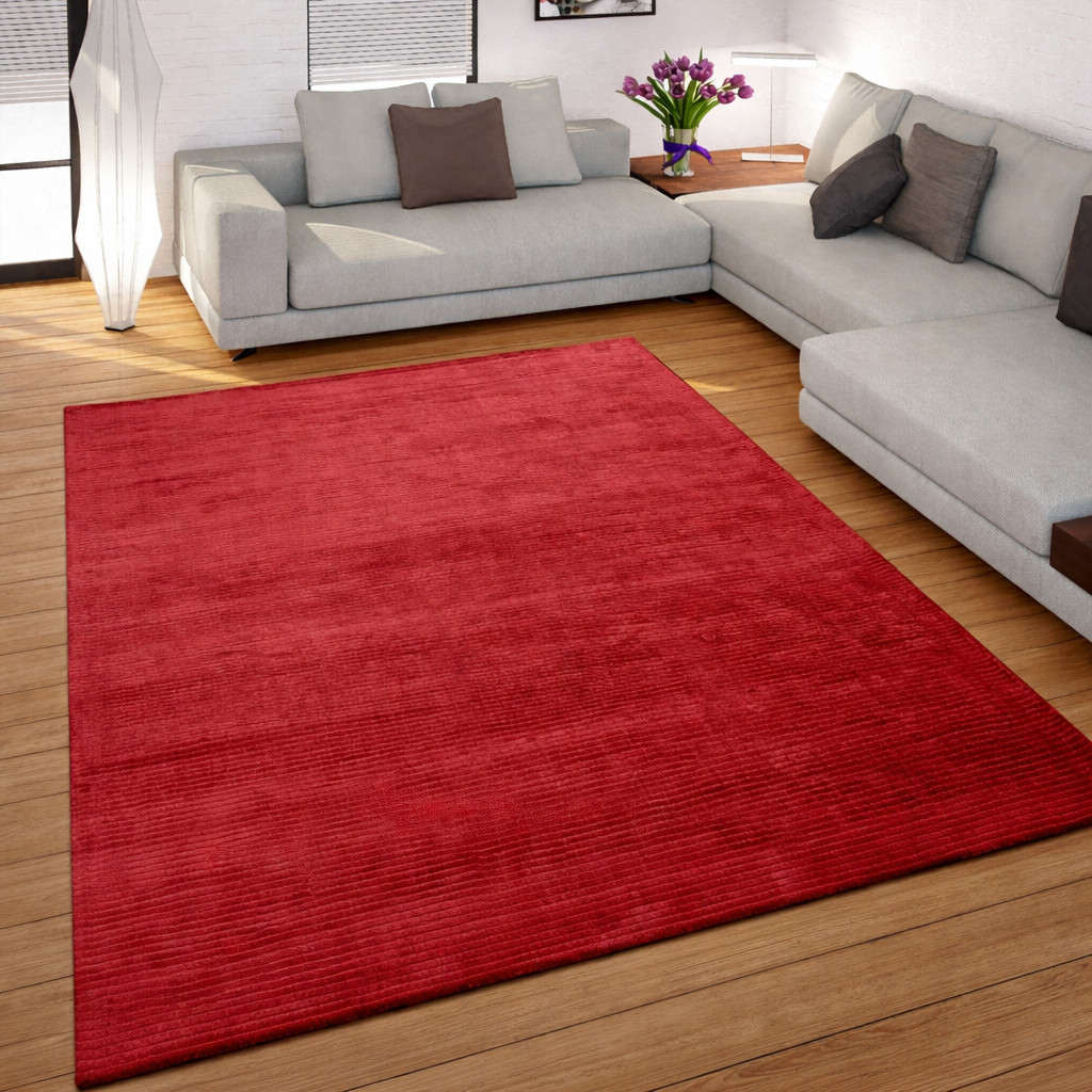 Luxury Red Wool Area Rug Handmade Plain Solid Living Room Carpet For Living Room