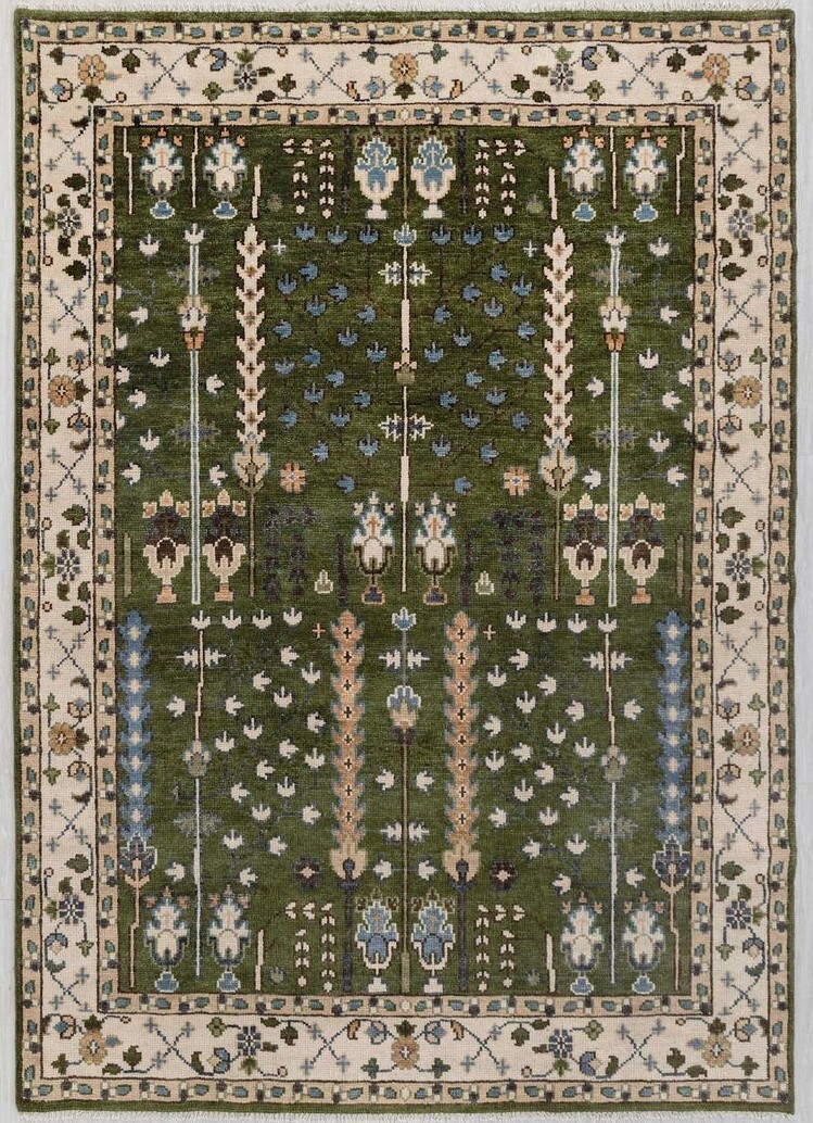 Exquisite Dark Green-Beige Indo Oushak Turkish Hand-Made Rugs for living area.