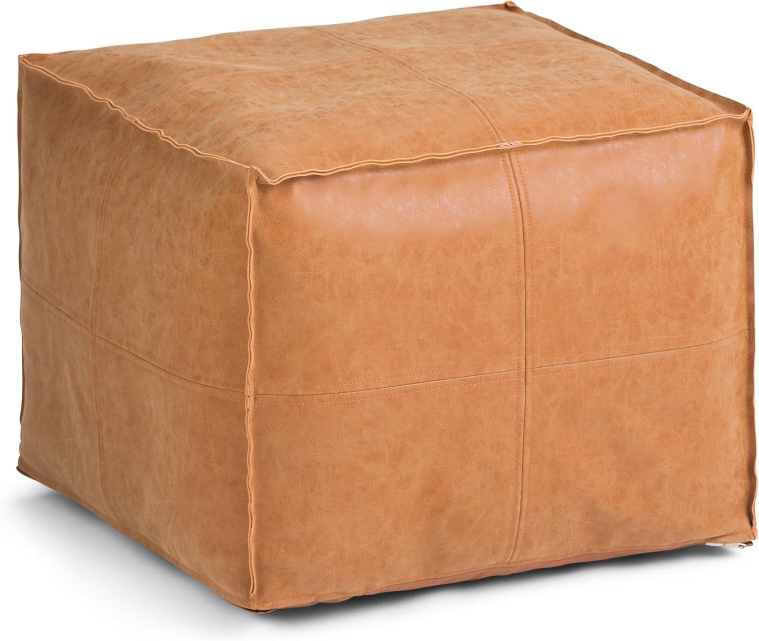 Brody Square Pouf – 18 inch Wide Upholstered Vegan Leather Ottoman in Distressed