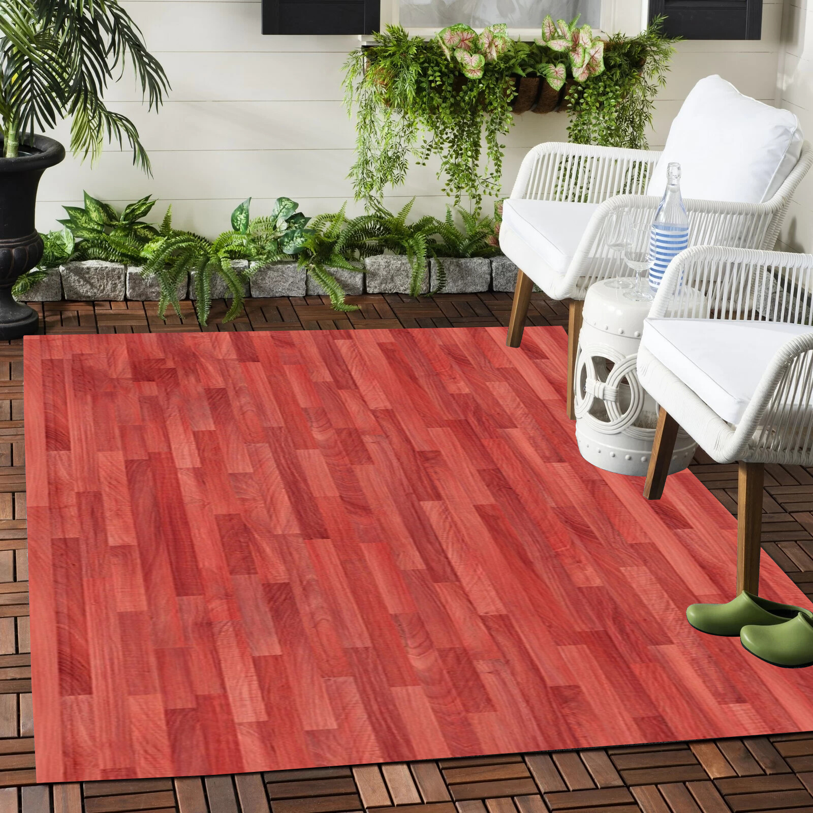 Retro Rustic Wood Grain Reversible Outdoor Rug Reddish Brown Old Wooden Area Rug