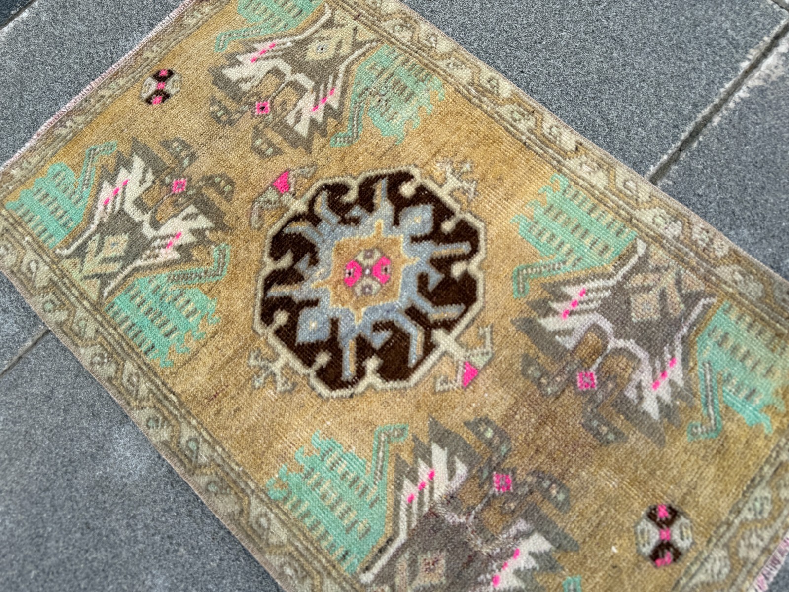 Vintage Turkish Oushak Rug 1.4×2.3 ft Mustard Gold Door Mat Accent Rug