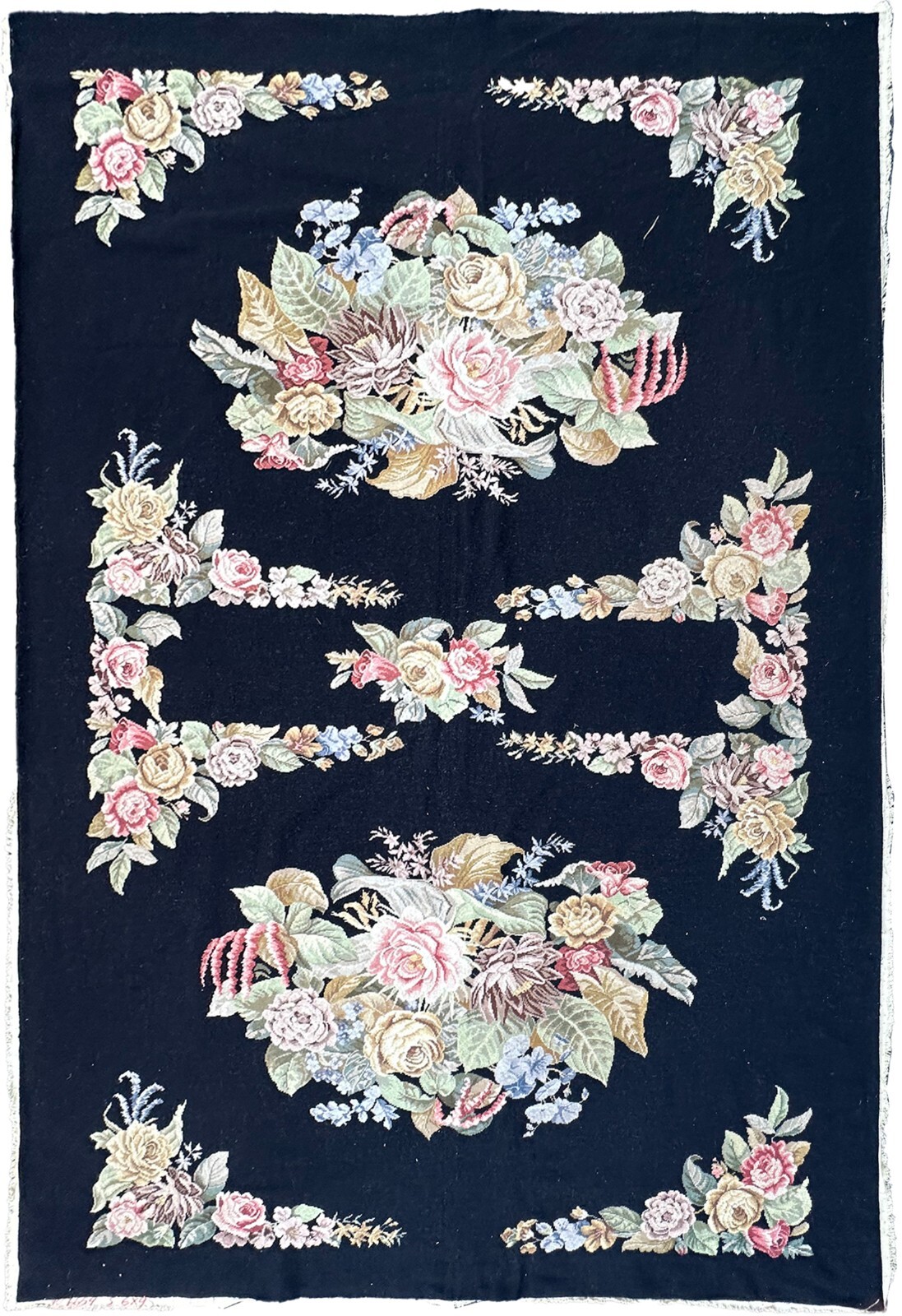6×9 Antique French Needlepoint Handmade Victorian Area Rug Blue c.1930