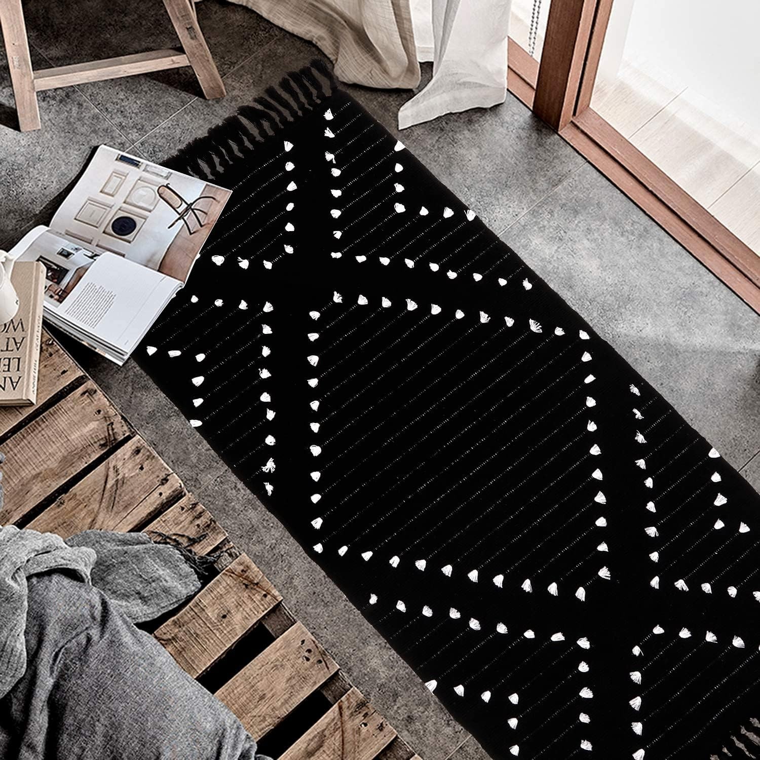 Boho Tribal Runner Rug 2×4.3 Black Cotton Blend Woven Area Rug w/ Tassels
