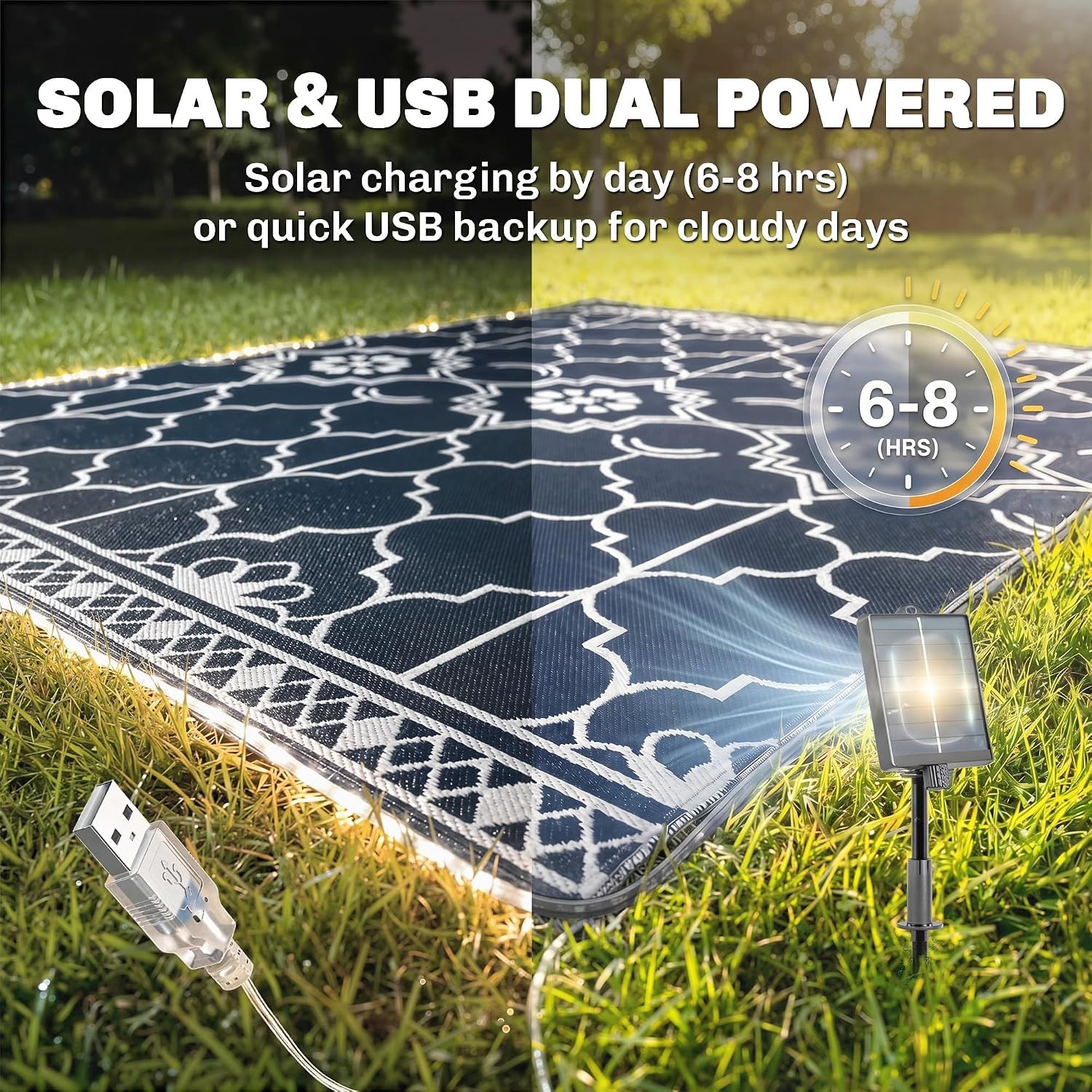 Reversible Outdoor Rug Carpet w/ LED Lights 12’x9′ PP Straw Rug RV Camping Mat