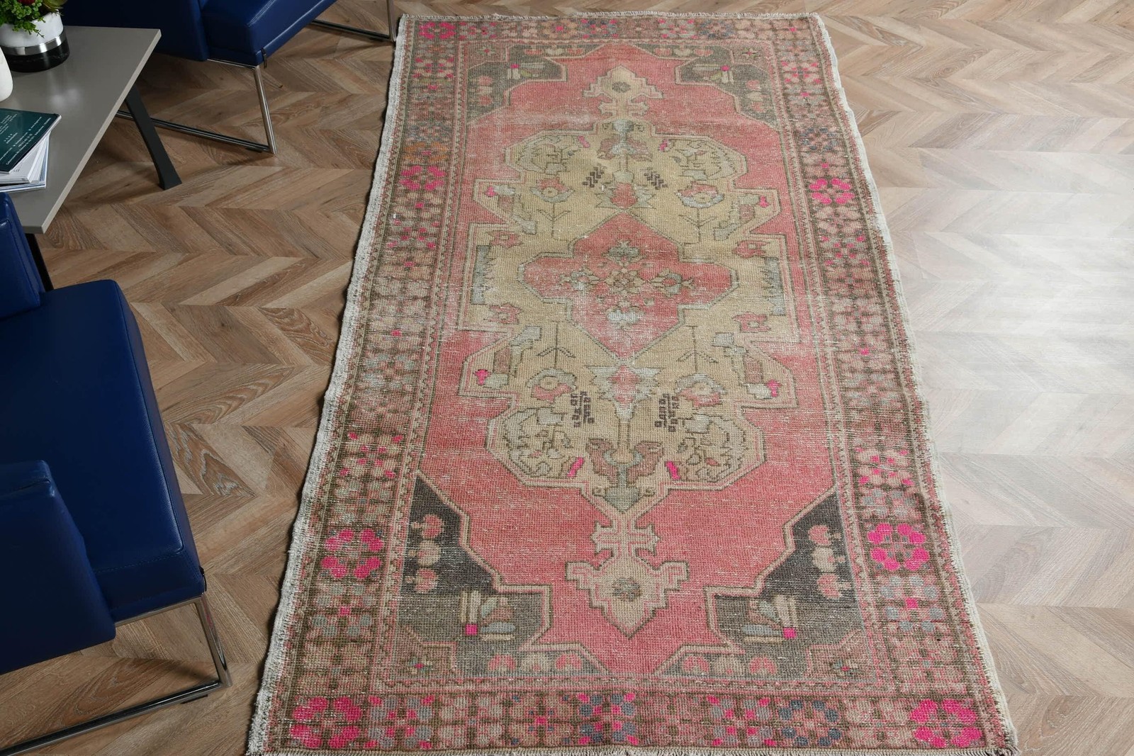 Vintage Turkish Rug, 4,3×8,5 ft Rug, Red Striped Wool Rug