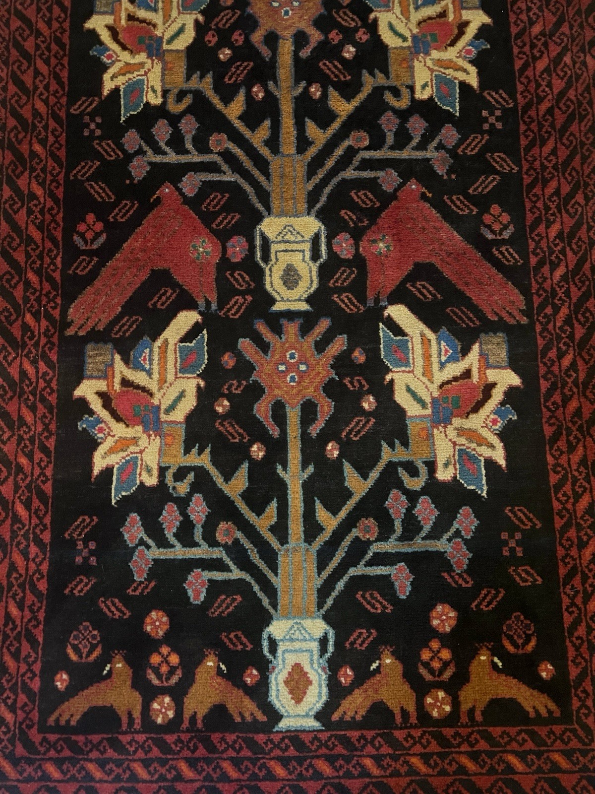 Baluchi Pictorial Wool Rug Vase Animal Symbols Afghan Fringe Carpet 3 ft by 7 ft