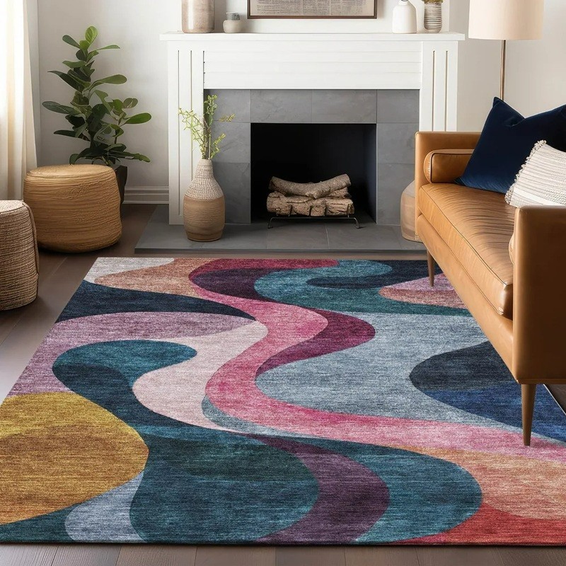Blue Area Rug Colorful Wave Design Multicolor Floor Accent Carpet Door In Out