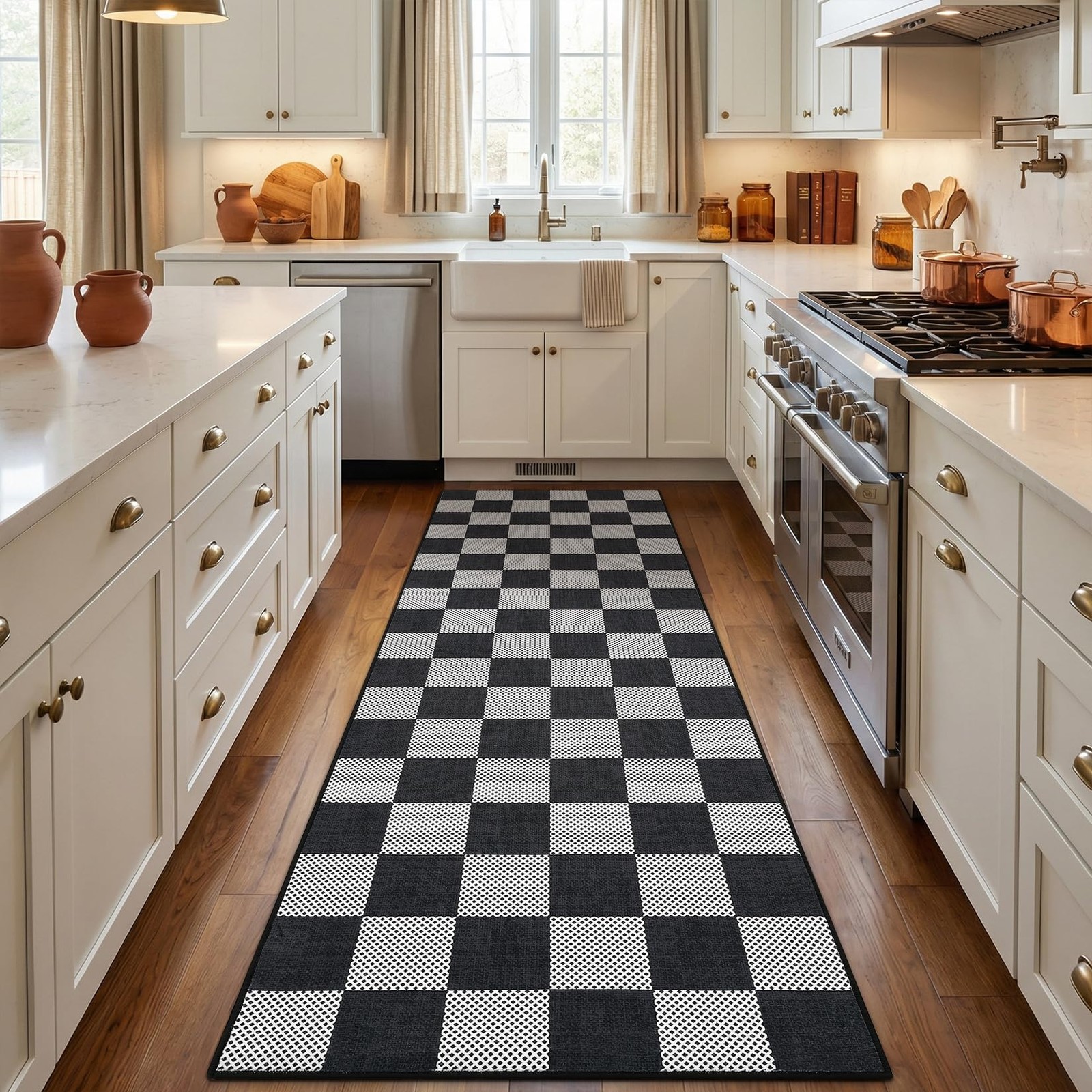 Checkered Dark 2×6 Washable Kitchen Runner Rug Geometric Diamond Dot Modern S…