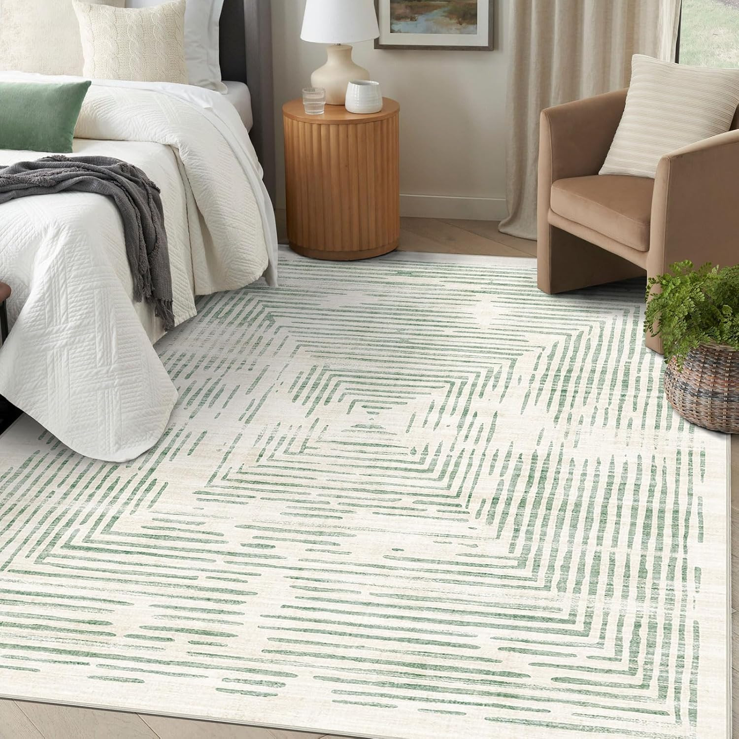 BLISSA 8X10 Area Rugs for Living Room – Soft Large Washable Geometric Sage Green