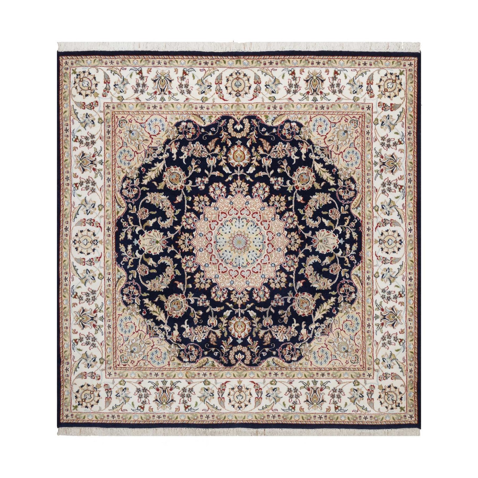 6’3″x6’3″ Midnight Blue Nain 250 KPSI Hand Knotted Wool & Silk Square Rug 92569