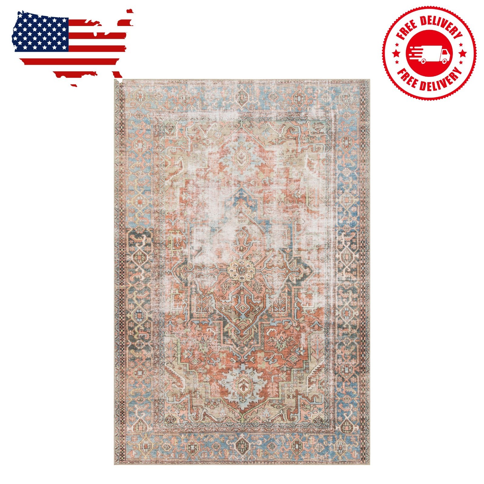 Loren Collection Lq-15 Terracotta / Sky Oriental Area Rug 1’6″ X 1’6″ Sample…