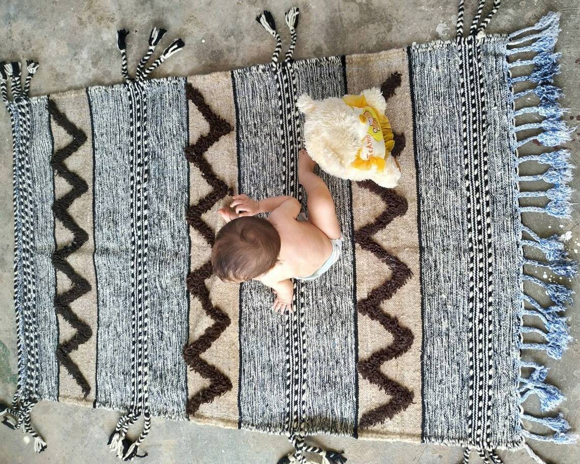 Beni Ourain Moroccan Hooked Rug 3×5 ft, 100% Soft Wool Solid Natural Off Brown