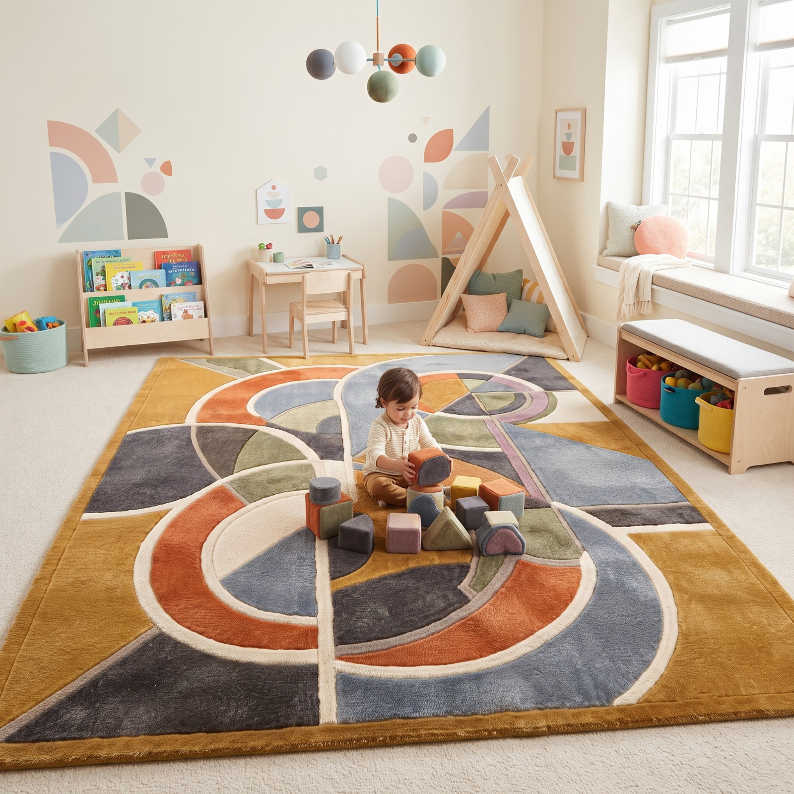 Modern Abstract Hand Tufted Area Rug in Mustard Yellow / Gold & Steel , High Low