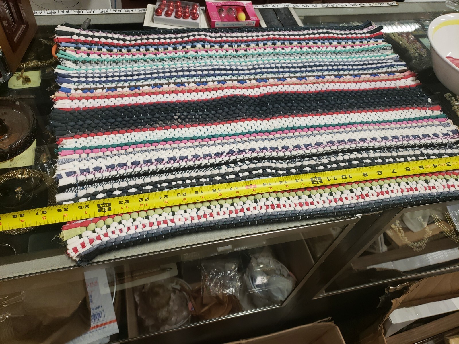 Cotton Rag Rug 26” X 18” Shabby Vintage Handmade Multicolor Stripes boho