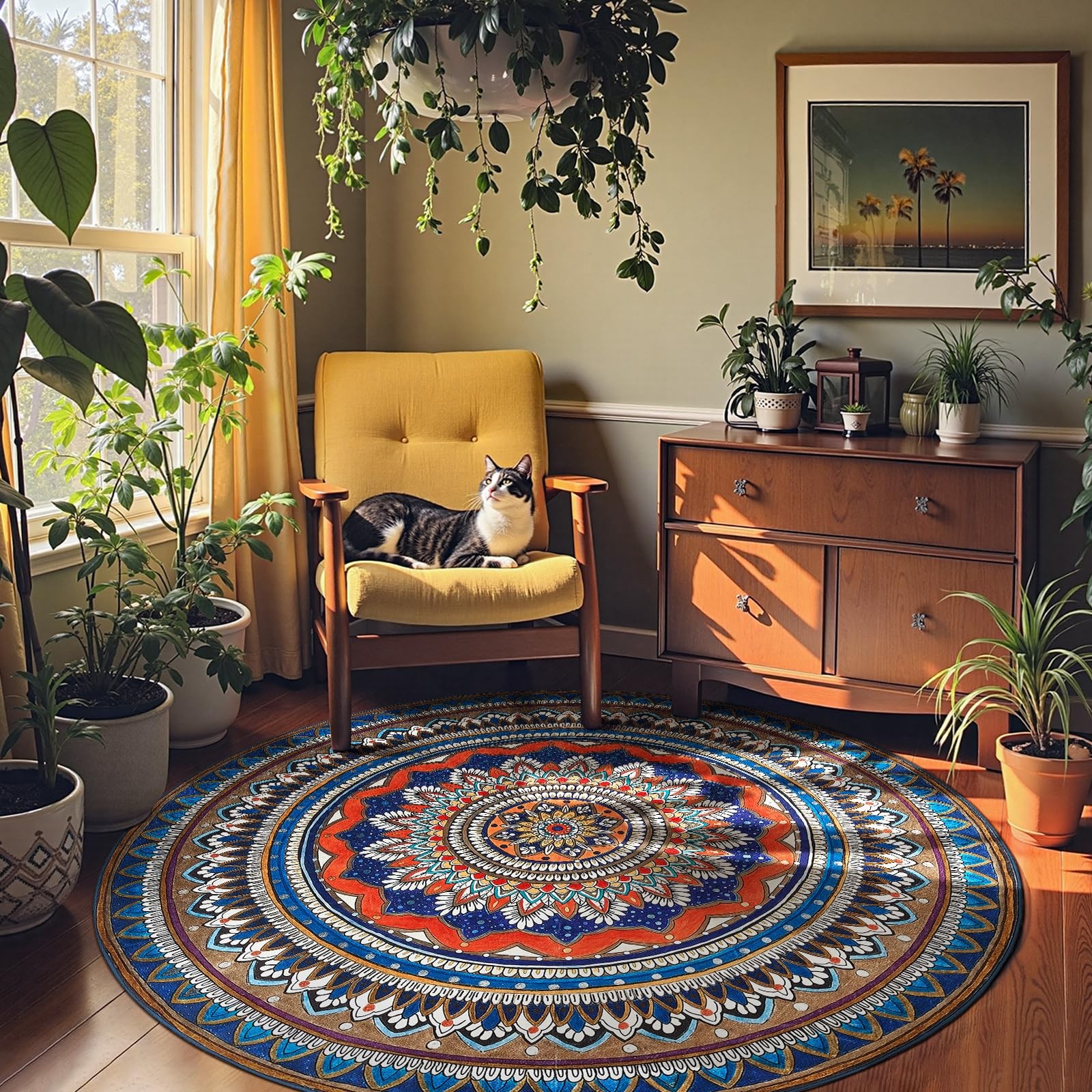 jinchan Mandala Round Rug 6ft Blue Rustic Boho Washable Rug Tribal 6′ Round V…