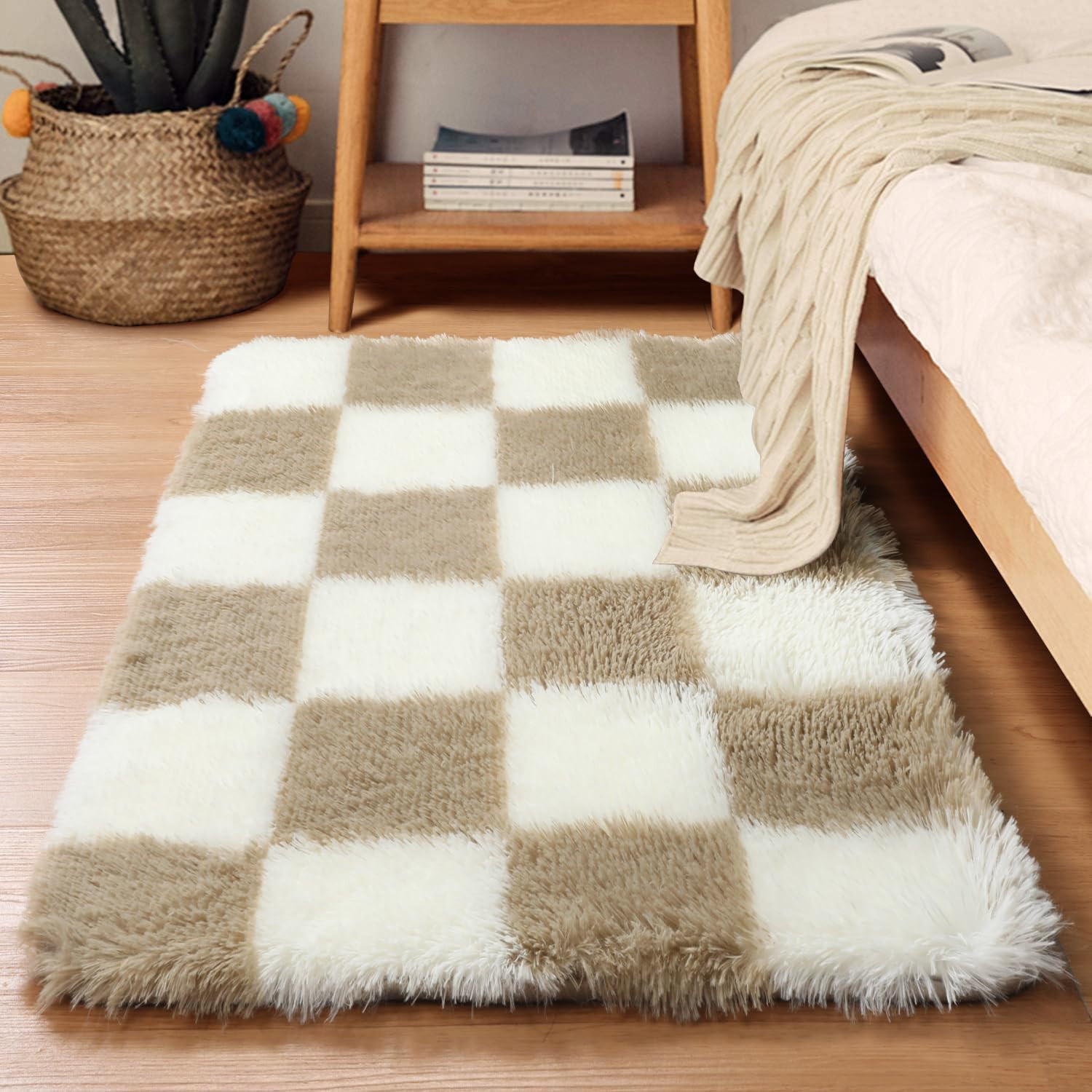 KICMOR Small Beige and Cream White Area Rugs for Bedroom, 2X3 Fluffy Fuzzy