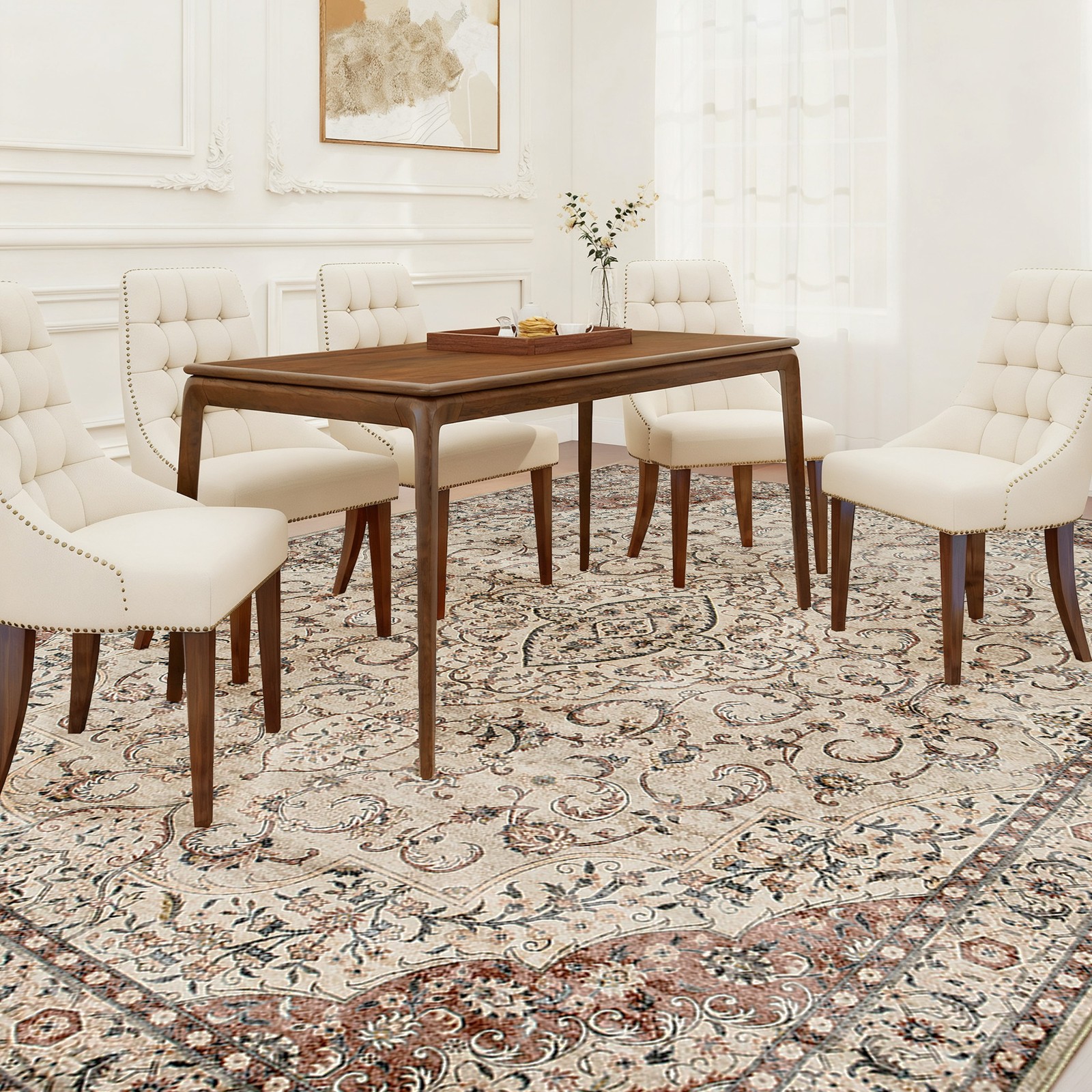 8×10 ft Classic Floral Machine Washable Area Rug, Non-Slip Brown Indoor Rug