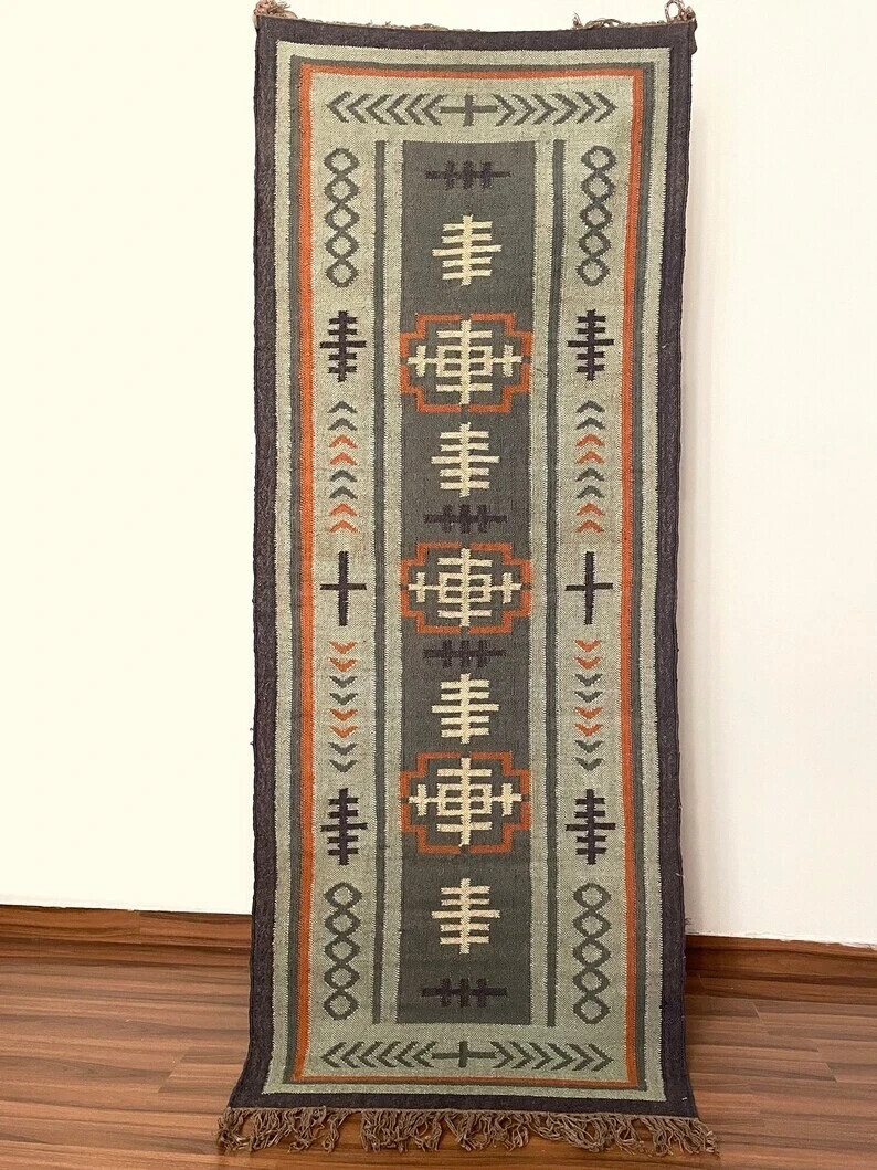 Vintage Handmade Carpet Wool Jute Rectangle Kilim Living Room Hallway Area Rug
