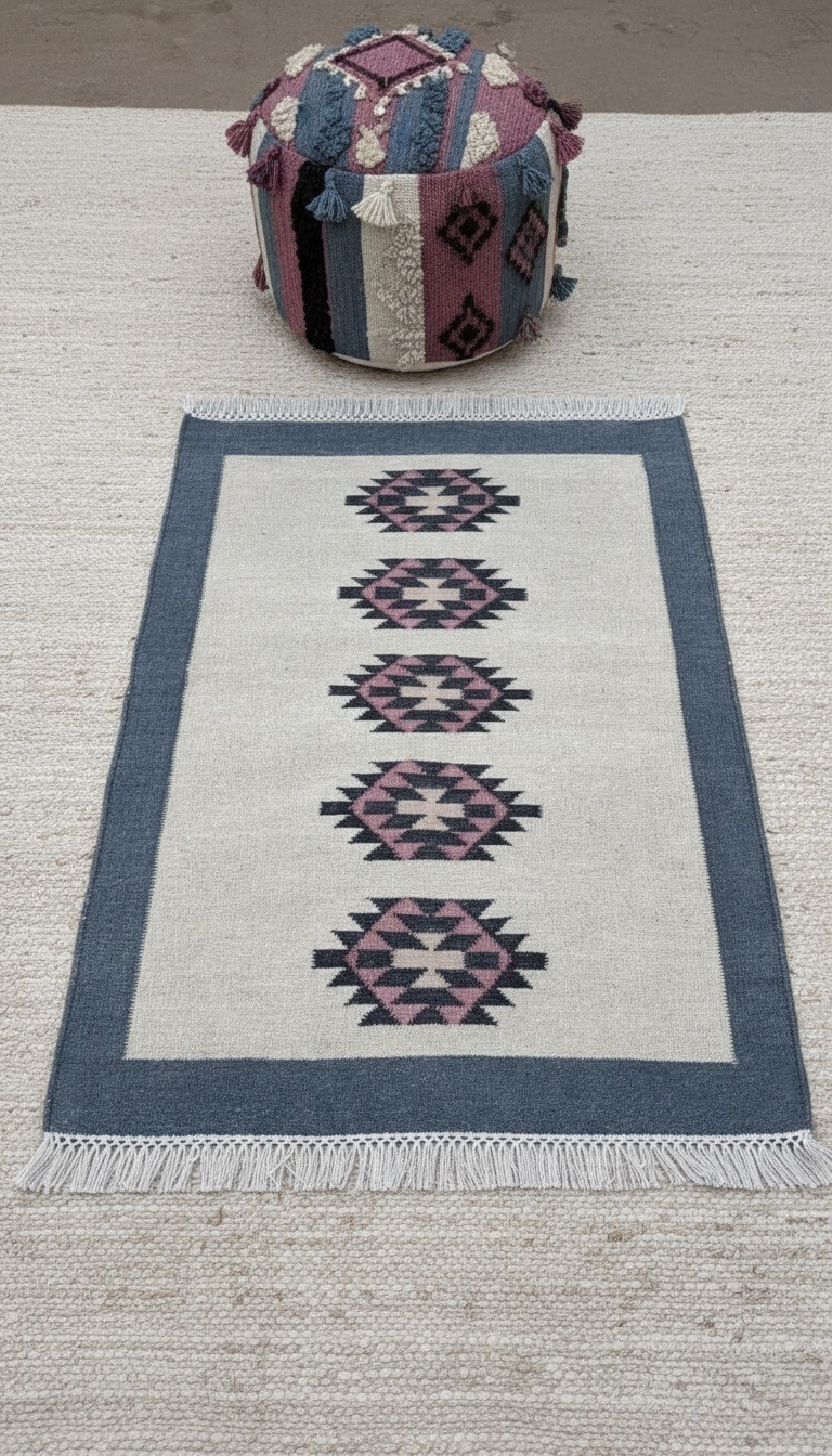 Mini 2 x 3 ft Handwoven Wool bath Mat Rug Dhurrie Carpet Small Kilim (60×90)cm