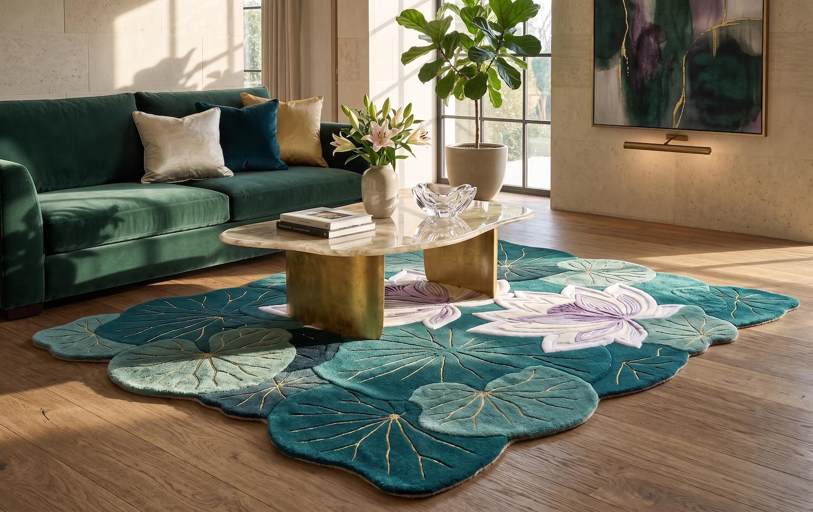Premium Hand-Tufted Wool Lotus Lily Pad Area Rug, Green Teal Botanical Pattern