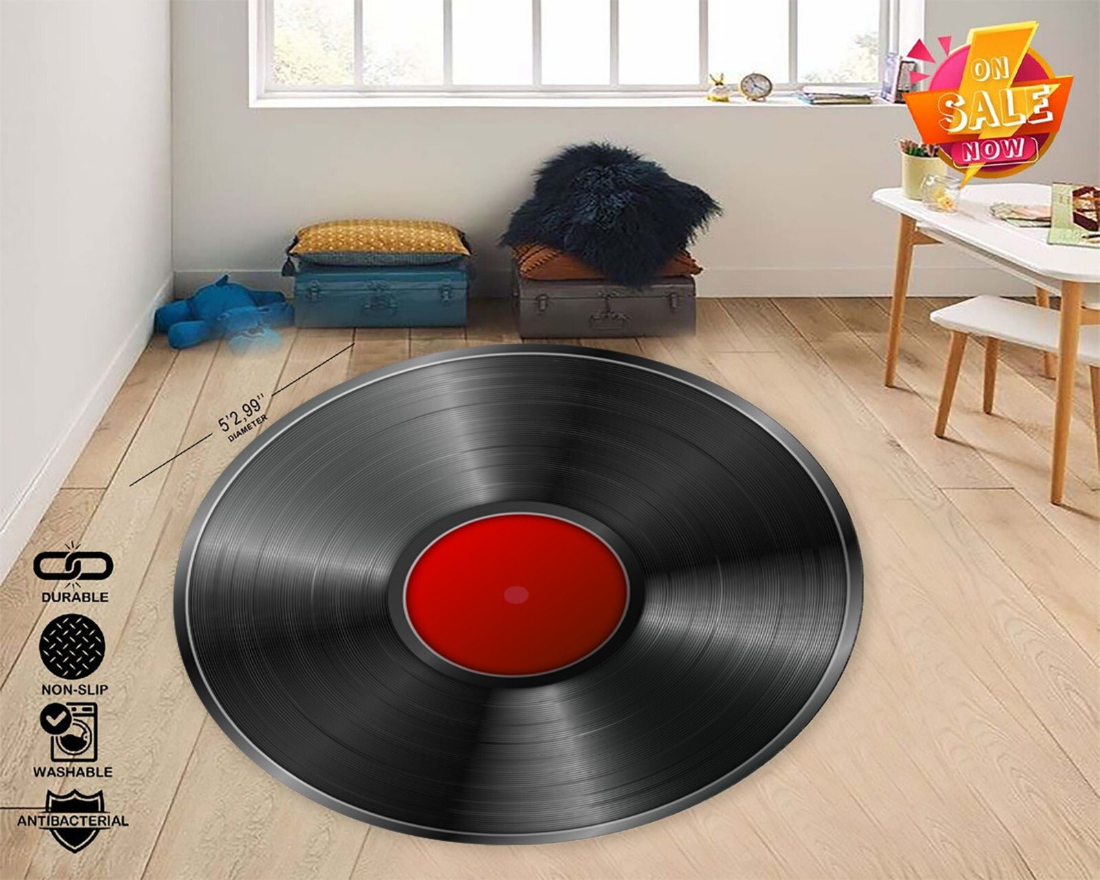 Retro Vinyl Record Round Rug, Music Lover Room Decor, Black Red Disc Carpet
