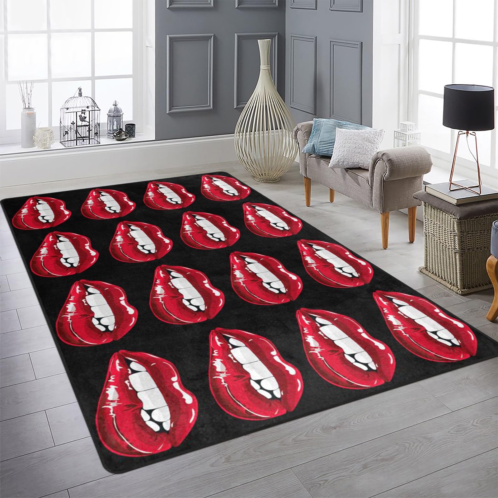 Amorettise Sexy Red Lip Area Rug 5′ X 7′ Black Back Modern Art Soft Washable …