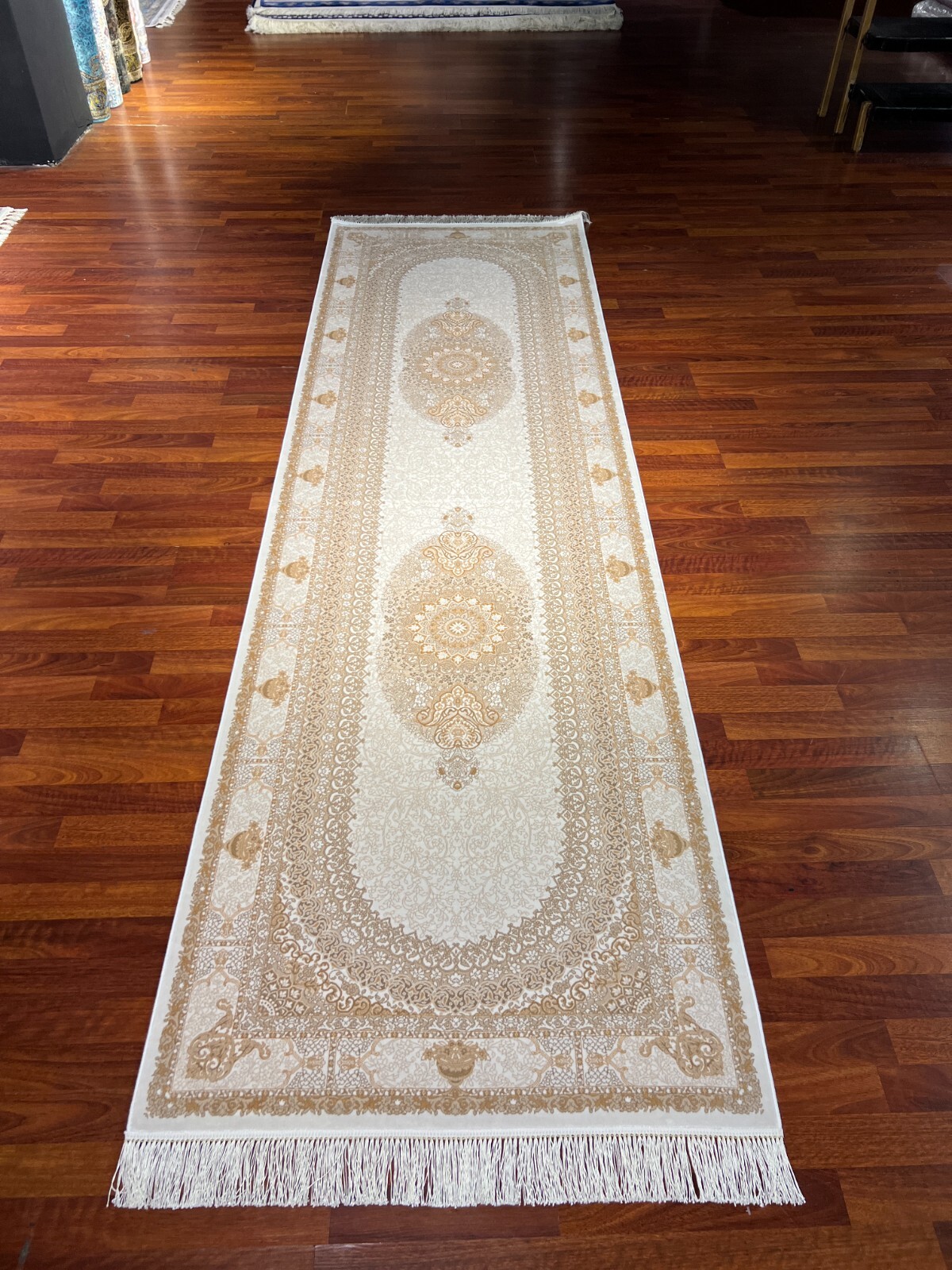 3×10 ft Beige Gold Bamboo Silk Runner Rug – Medallion Luxury Entryway Carpet