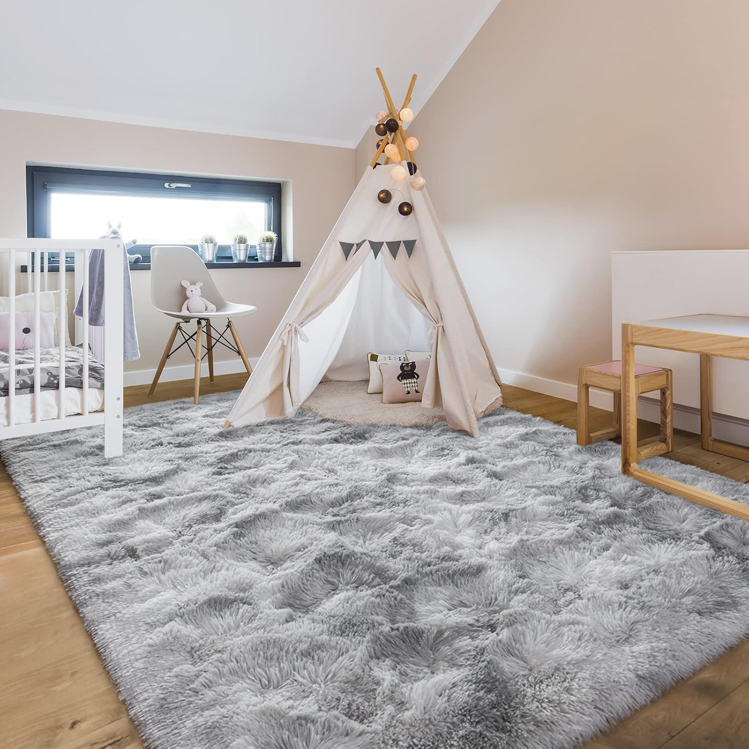 4X6 Large Washable Area Rugs for Living Room Tie-Dyed Light Grey | Non-Slip Indo
