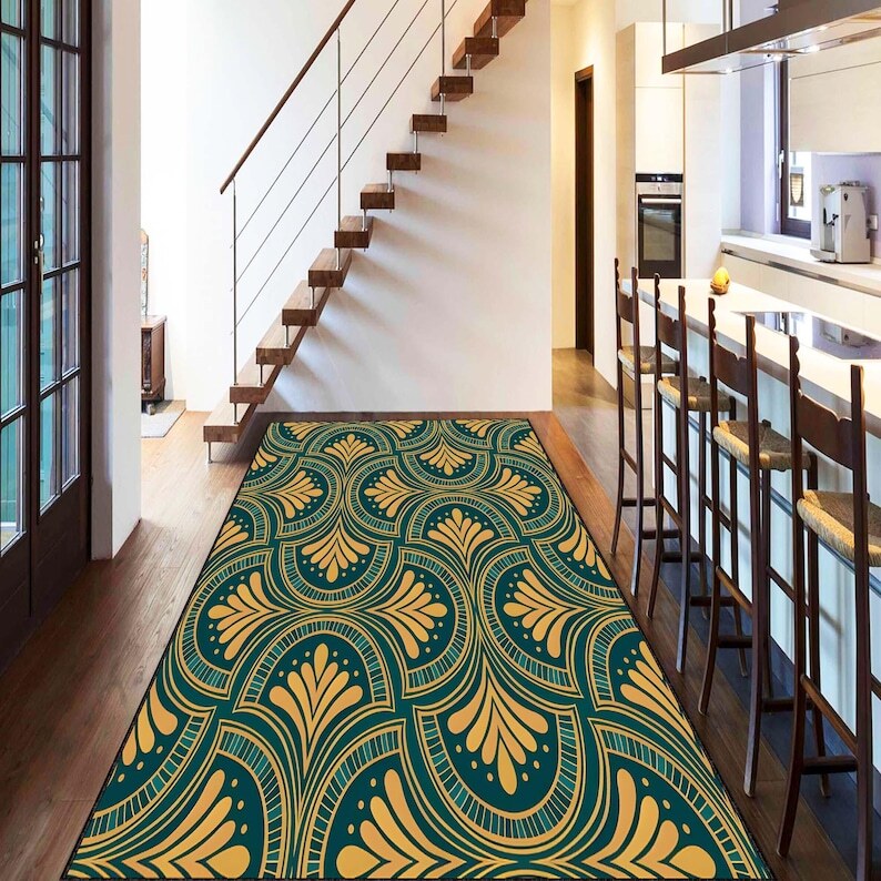 Art Deco Inspired Area Rug, Geometric Patterned Carpet, Gold and Green Home Deco
