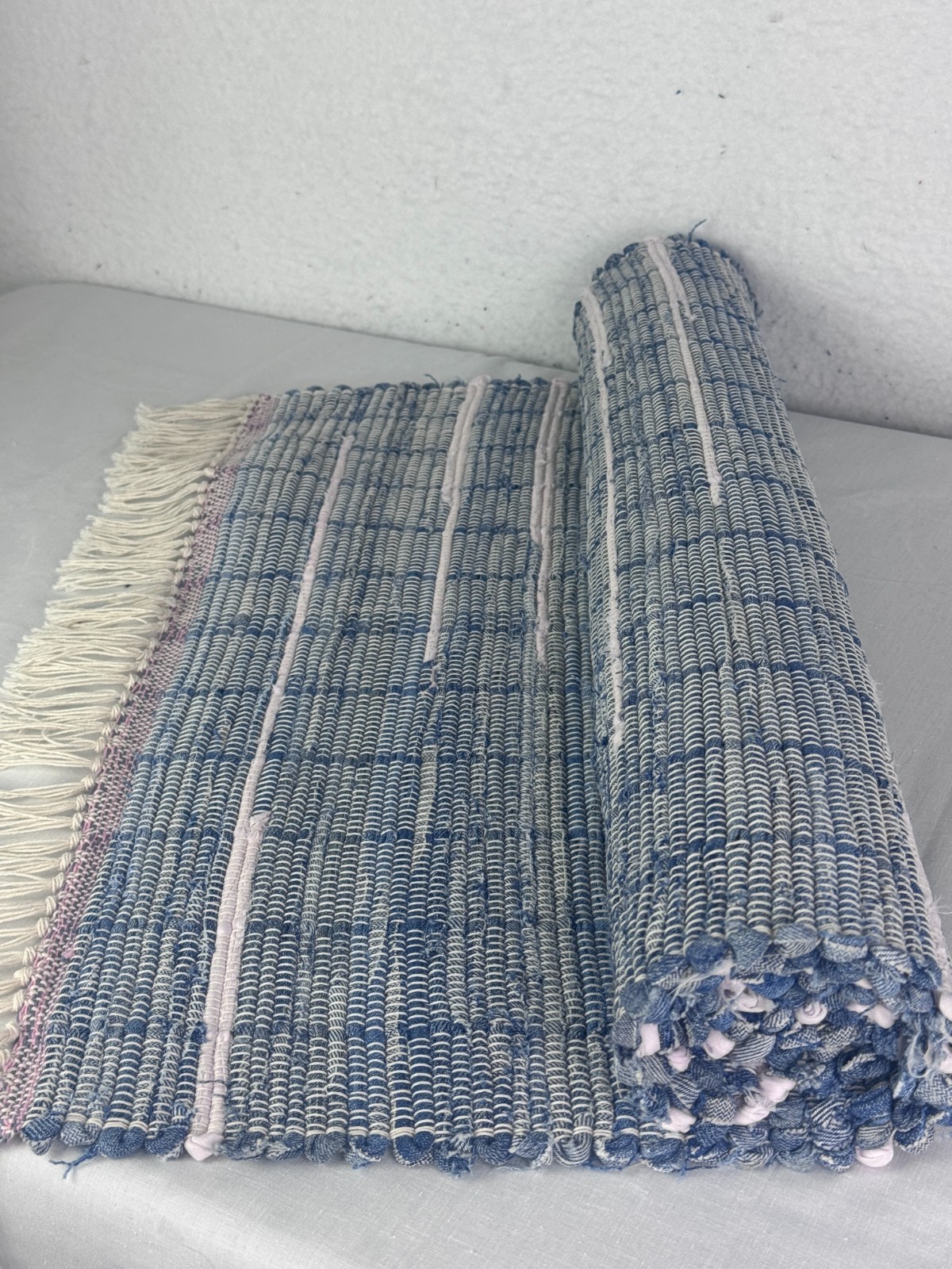 Light Denim w/Light Pink Accents Handwoven Rag Rug, Throw Rug