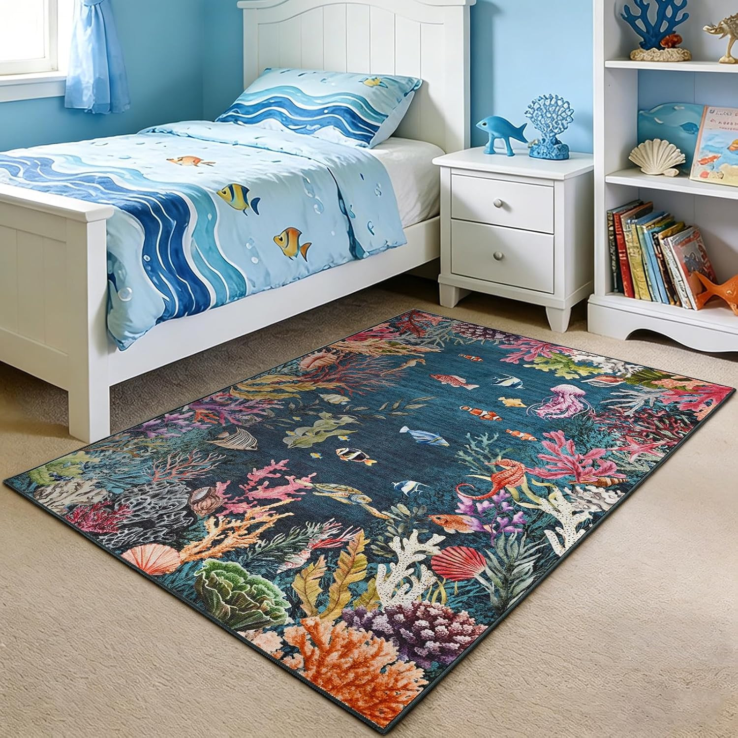 Washable Ocean Area Rug 3X5 Non Slip Coastal Sea Life Floor Carpet Home Decor Ma