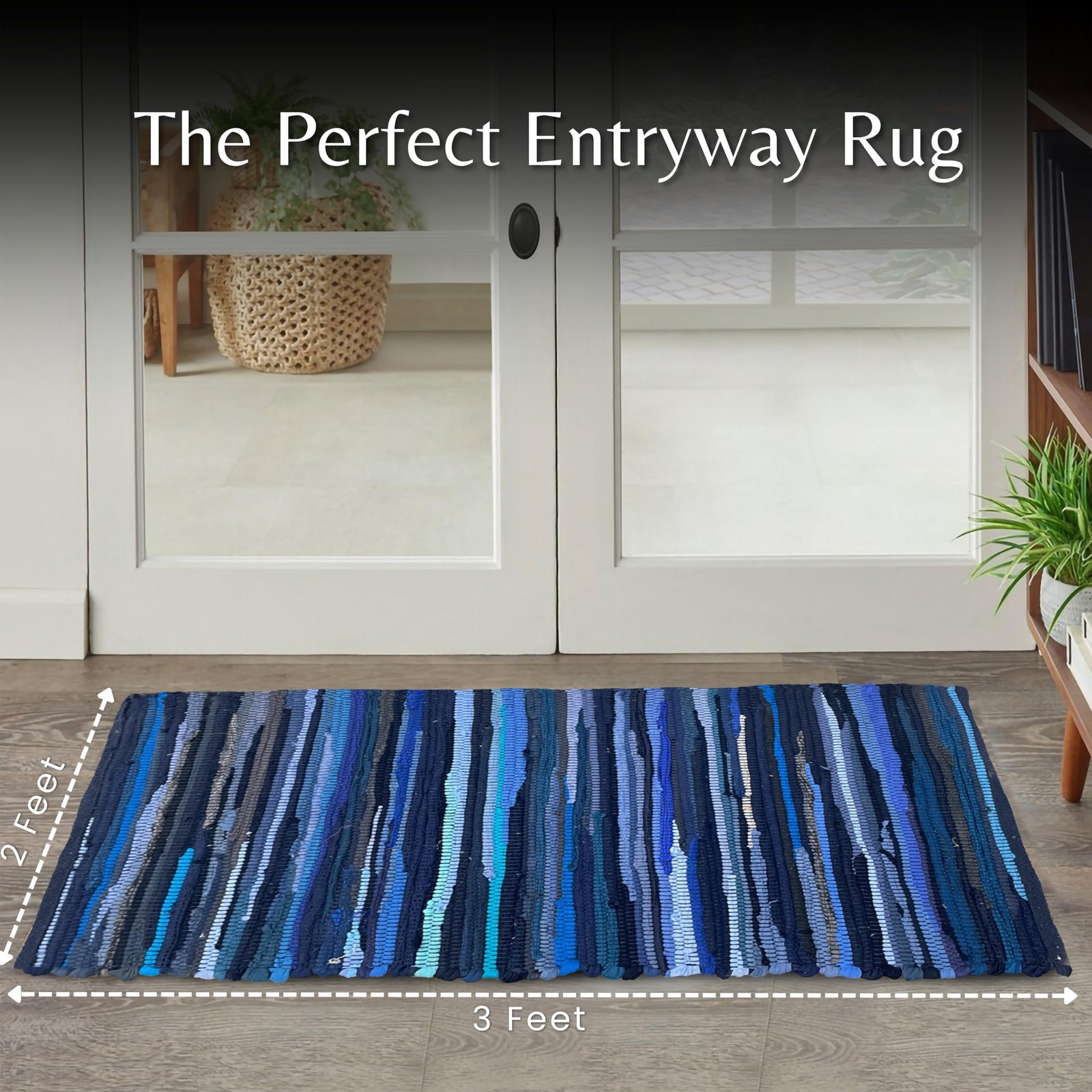 Cotton Rag Rug 2’x3′ – Navy, Braided Recycled Rugs for High Traffic Area, Boh…