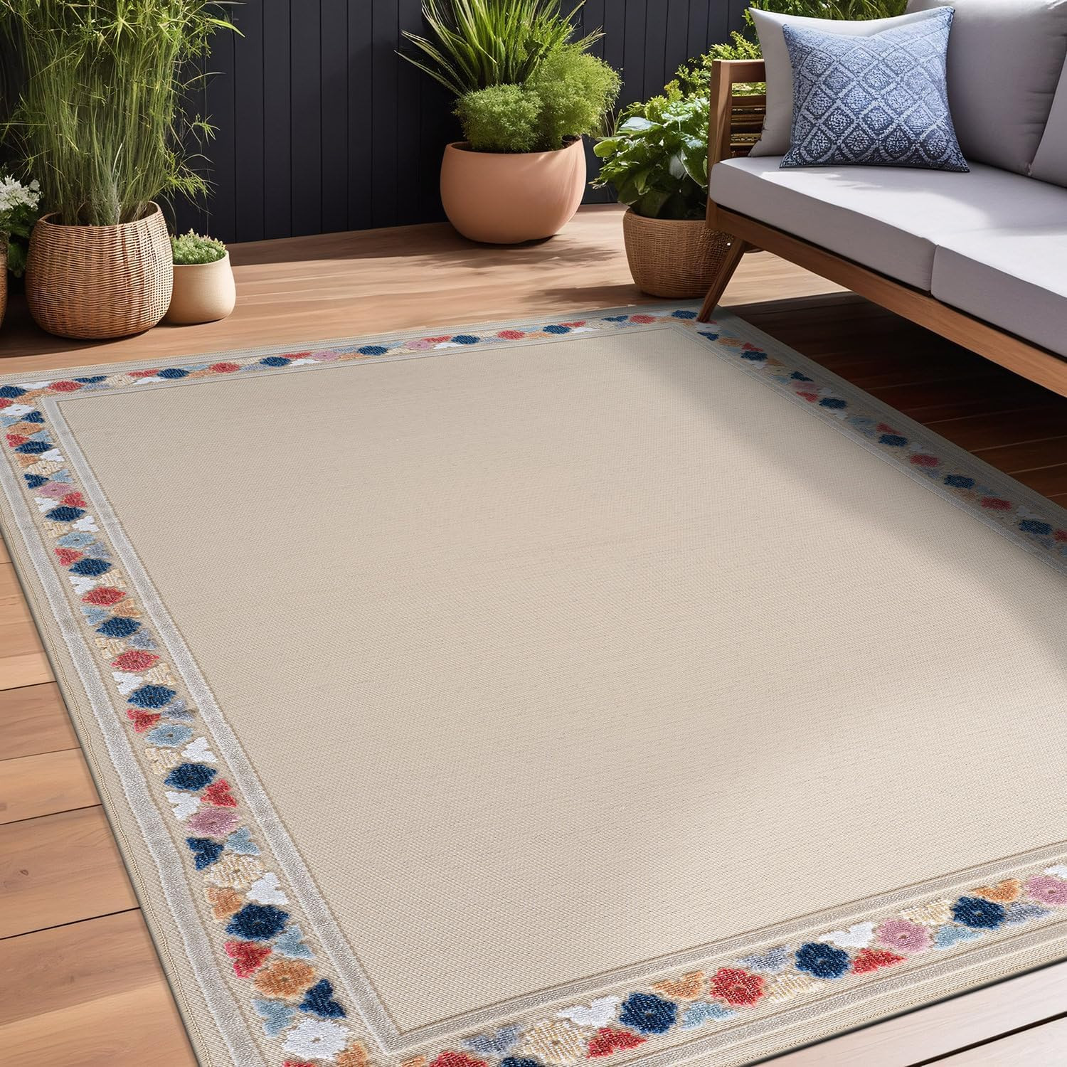 Outdoor Rug 9X12 Modern Bordered Large Area Rugs for Indoor and Outdoor Patio Ea