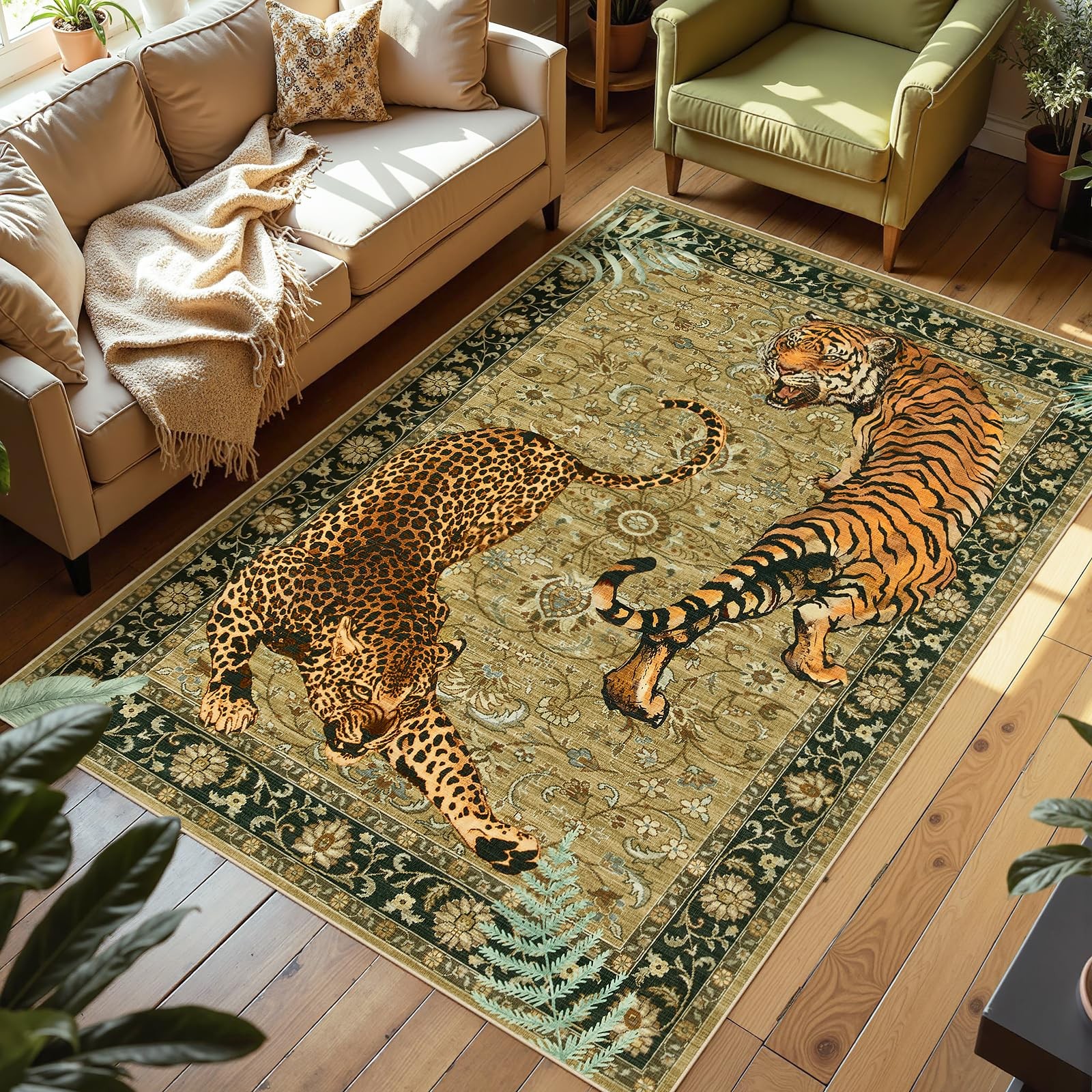 Washable Tiger Print 5×7 Living Room Area Rug, Vintage Boho Cheetah Dining Ro…