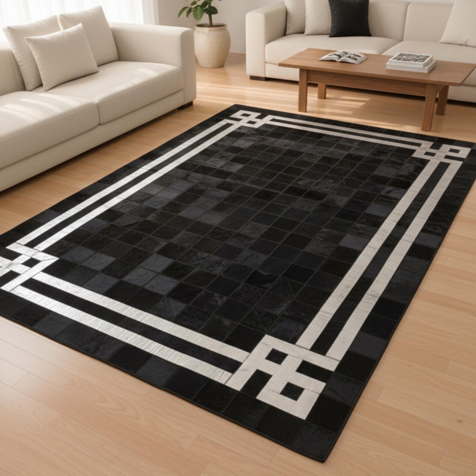 Handmade Cowhide Leather Patchwork Area Rug Modern Black White Checker Carpet