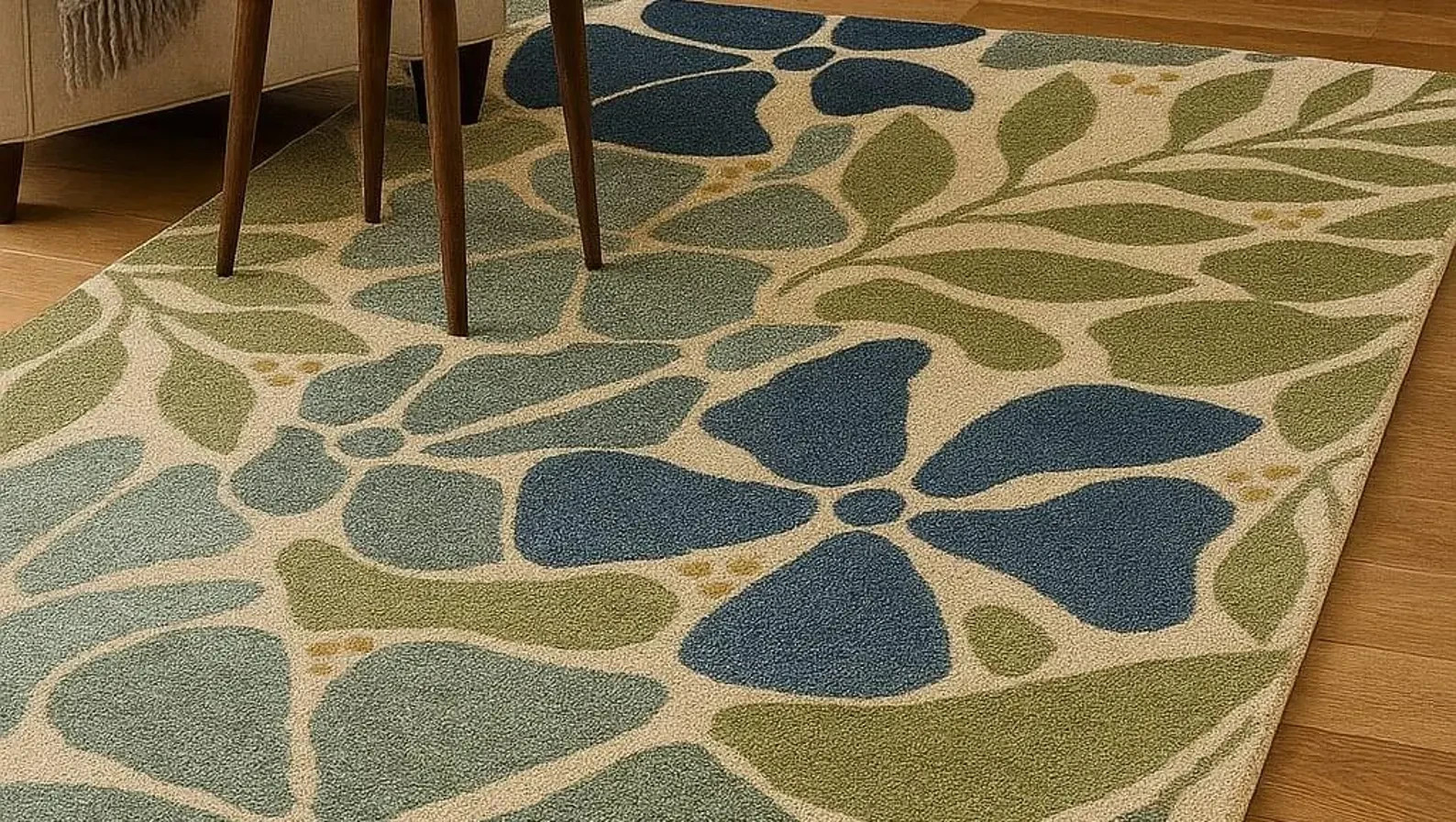 Hand Tufted Wool Floral Rug – Blue & Green Botanical Pattern Modern Living Room