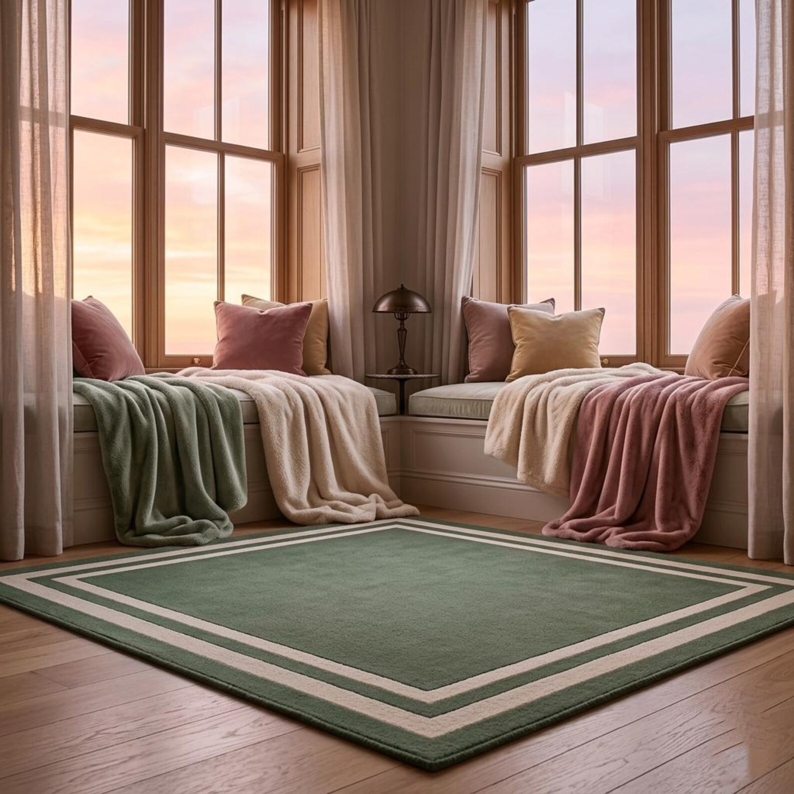 Hand Tufted Wool Area Rug Sage Green / Ivory Bordered For Bedroom | Living Room