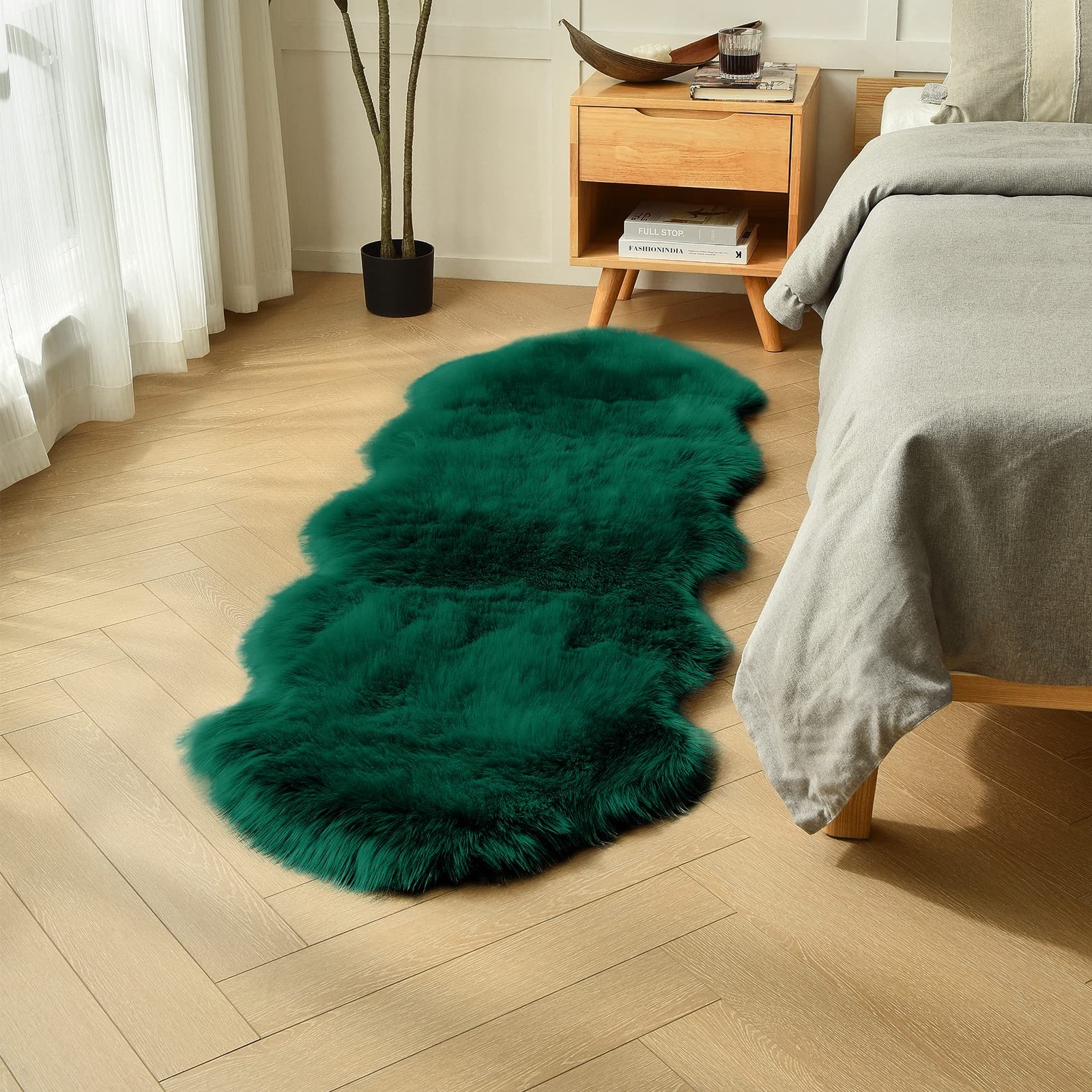Emerald Green Faux Sheepskin Runner Rug 2×6 ft, Fluffy Shag Bedroom Dorm Rug …