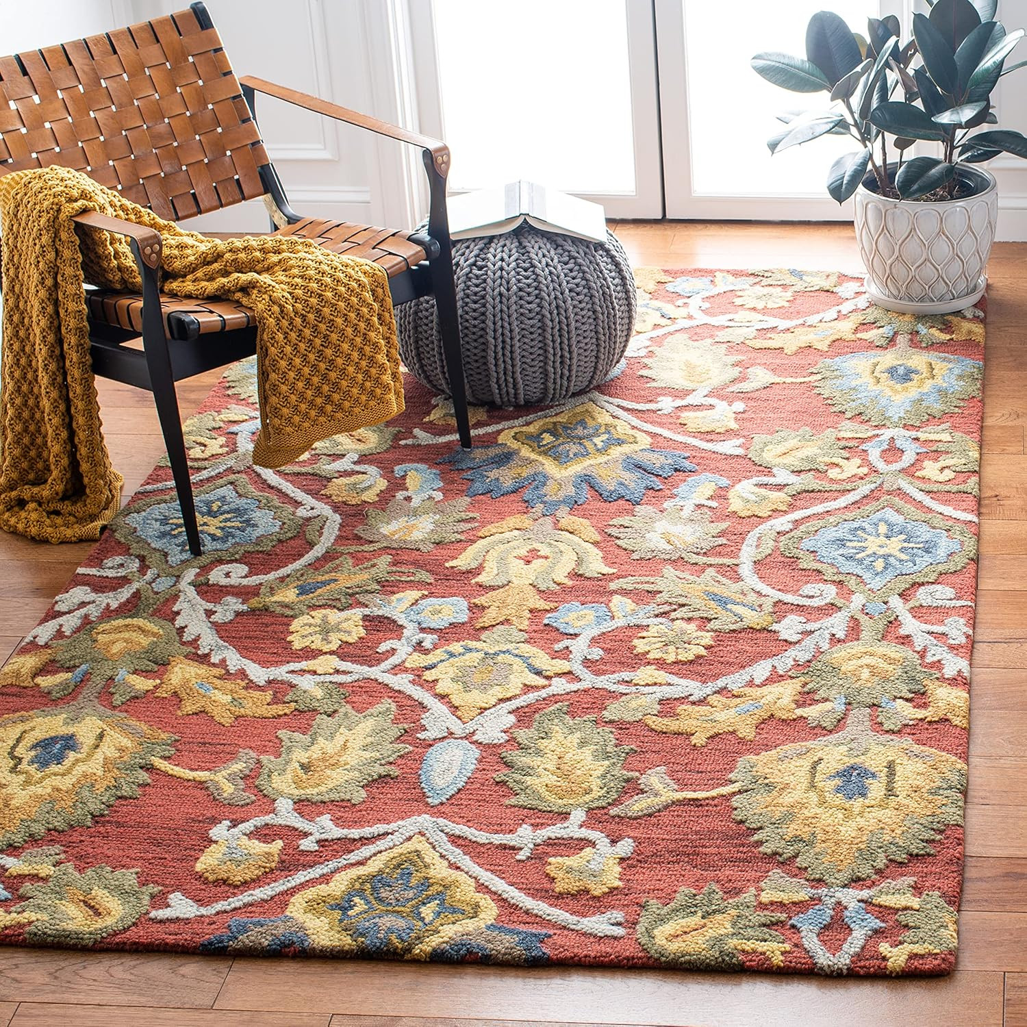 Handmade Blossom Collection 6′ Square Floral Wool Area Rug – Red & Multi