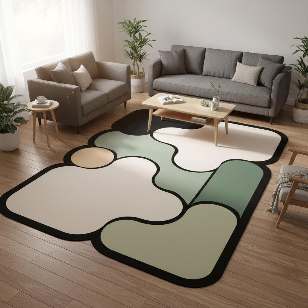 Geometric 5×7 Area Rug – Black Beige Green Irregular Design for Home & Office