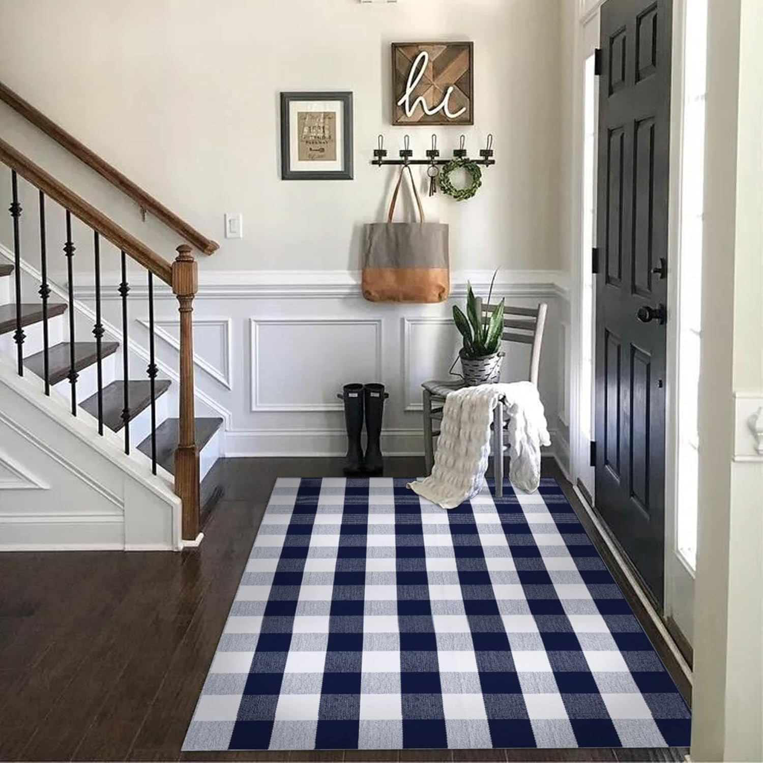 Navy Blue & White Hand Woven Buffalo Plaid Rug 4’X6′ – Washable Indoor/Outdoor