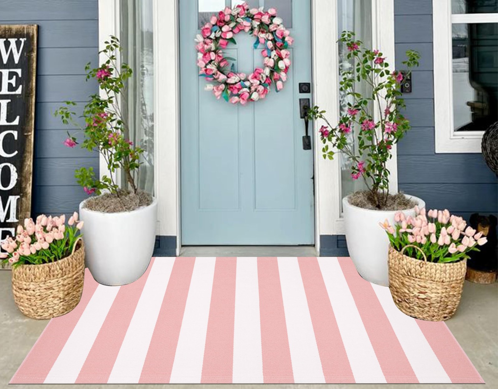3’x5′ Outdoor Rug, Washable Pink and White Striped Porch Rug Cotton Woven Far…