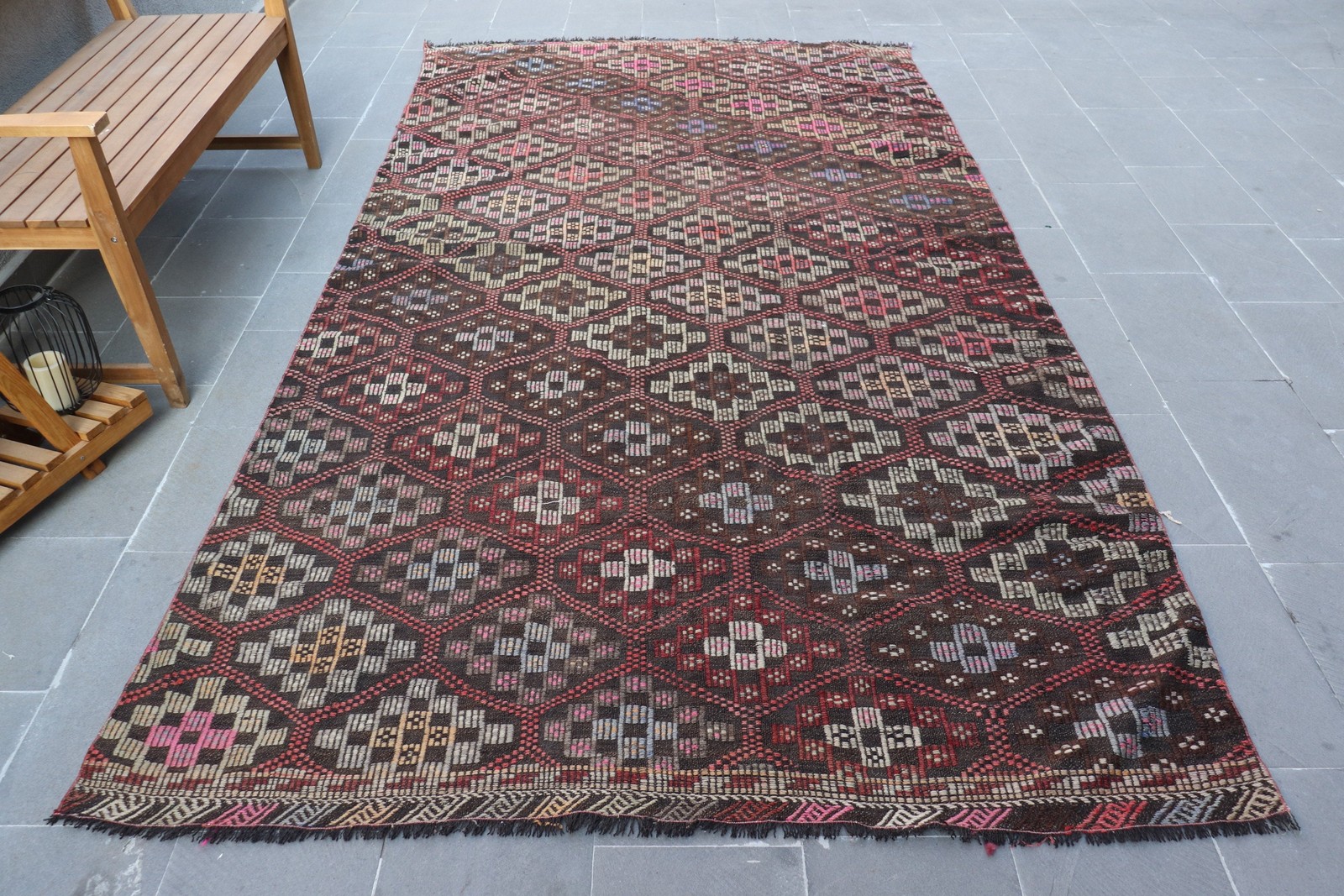 Vintage Turkish Kilim Rug 5,9×10,8 ft (181×330 cm), Red Ikat Wool Rug