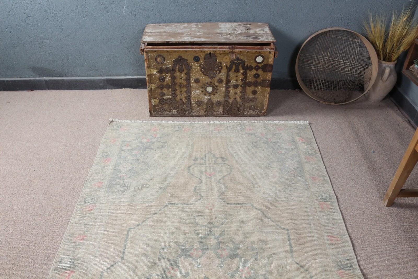 4,4×7,5 ft Rug, Turkish Vintage Rug, Gray Polka dot Wool Rug