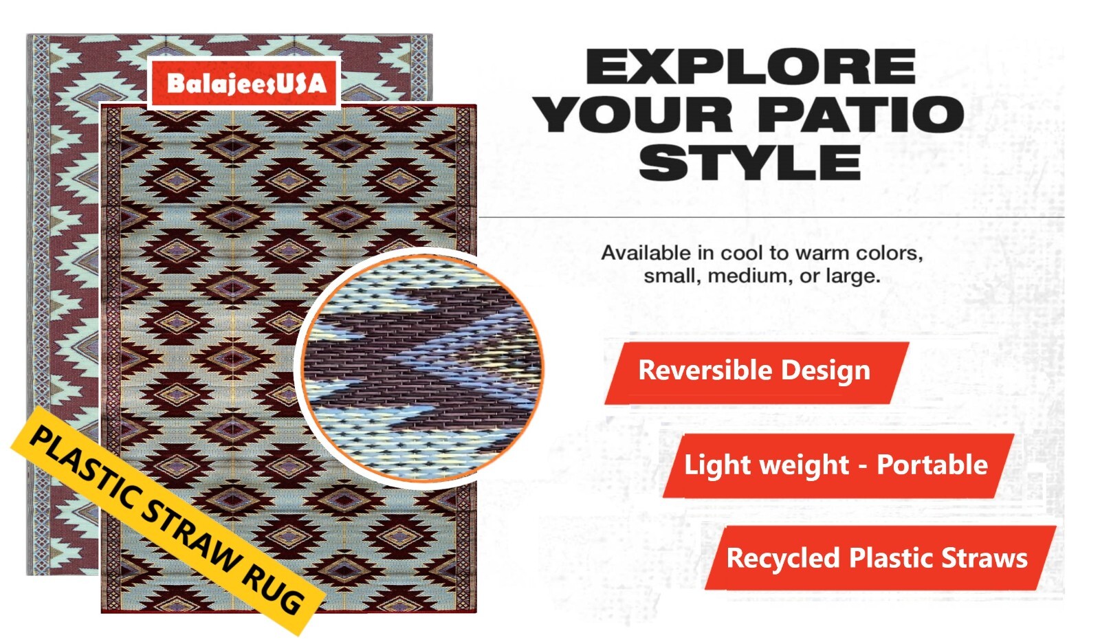 B-USA Outdoor Patio Rugs Plastic Straw Rug RV Red, Black, SkyBlue, yellow Color