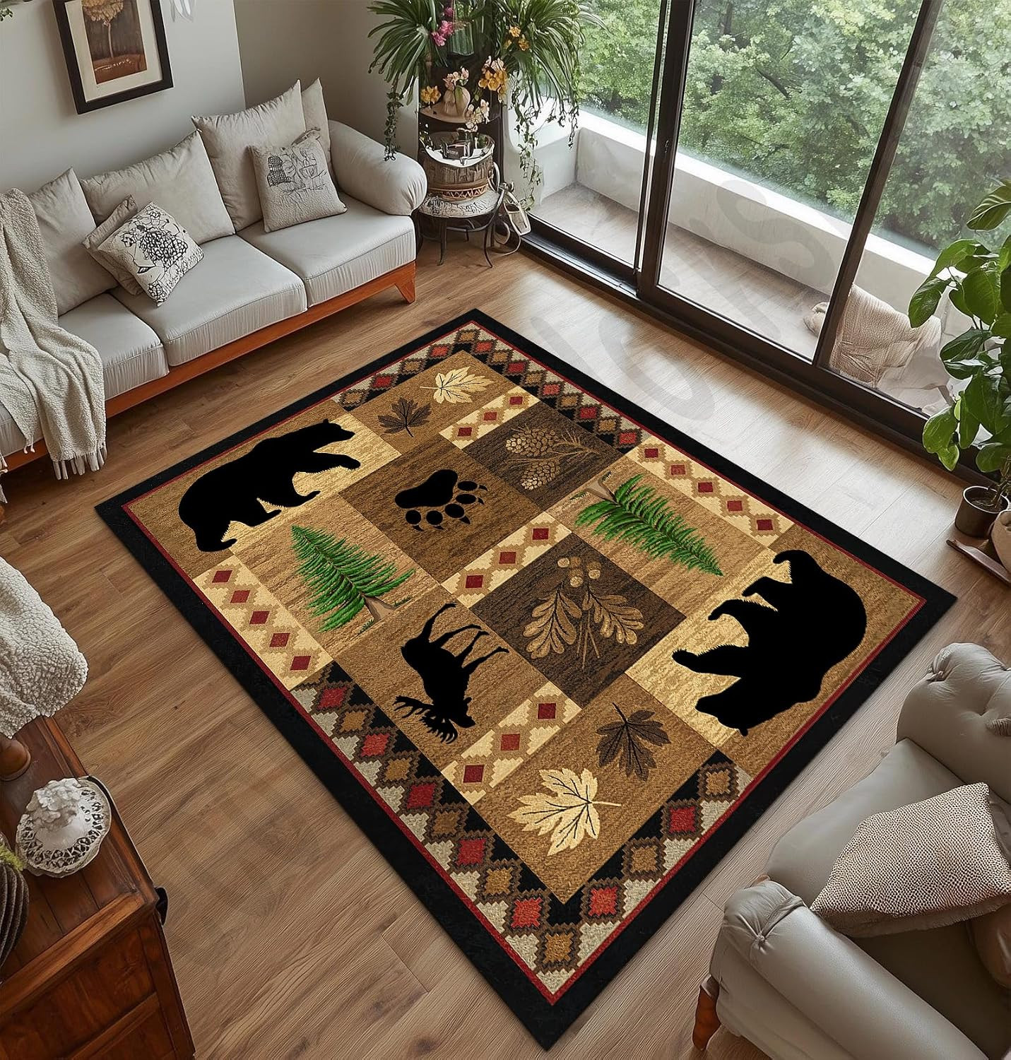Rustic Black Bear Rug, 3×5 Ft Non-Slip Cabin Carpet for Home Decor